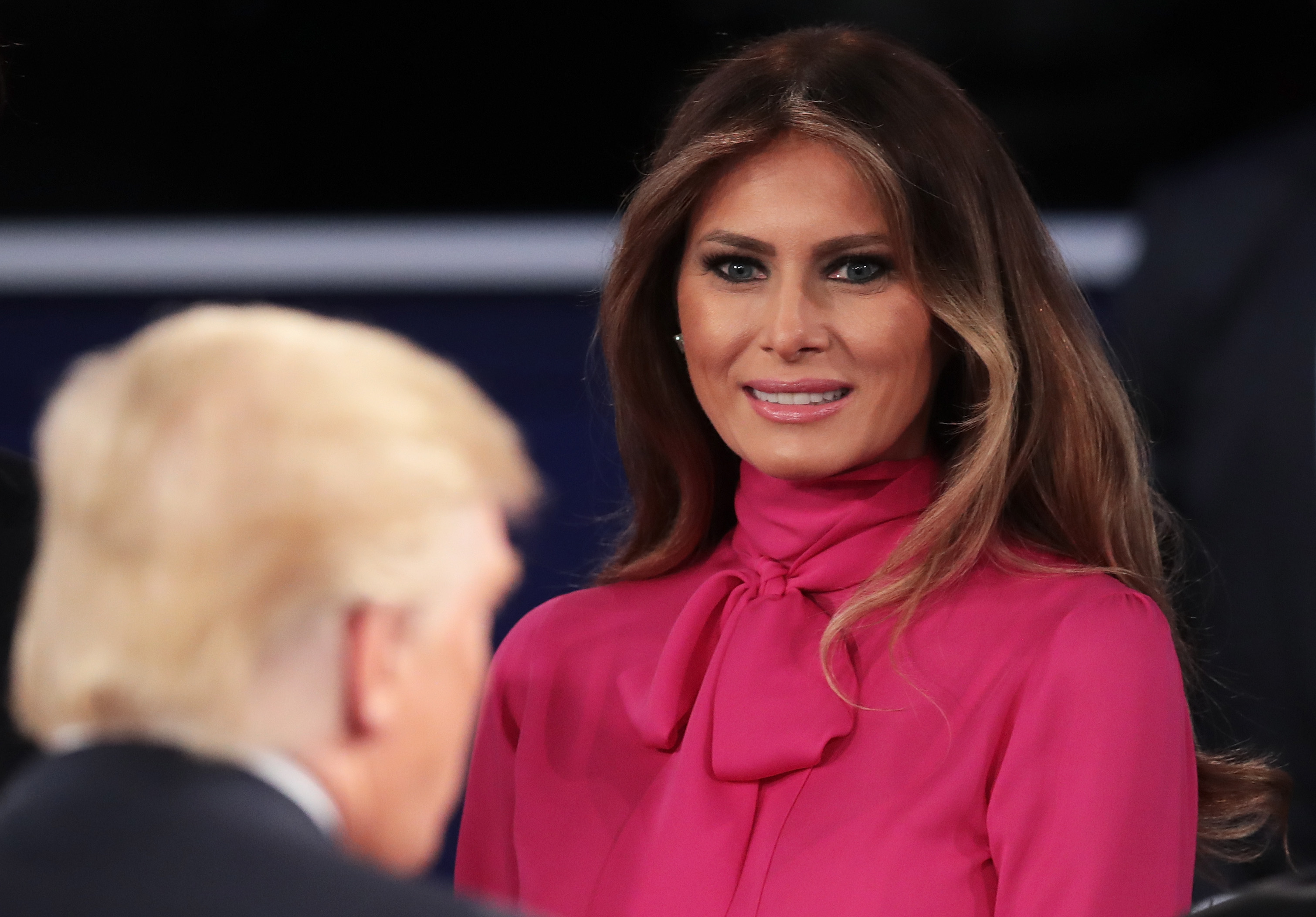 Melania Trump greets her husband Republican presidential nominee Donald Trump after the town hall debate at Washington University on Oct. 9, 2016 in St Louis, Missouri. (Scott Olson—Getty Images)
