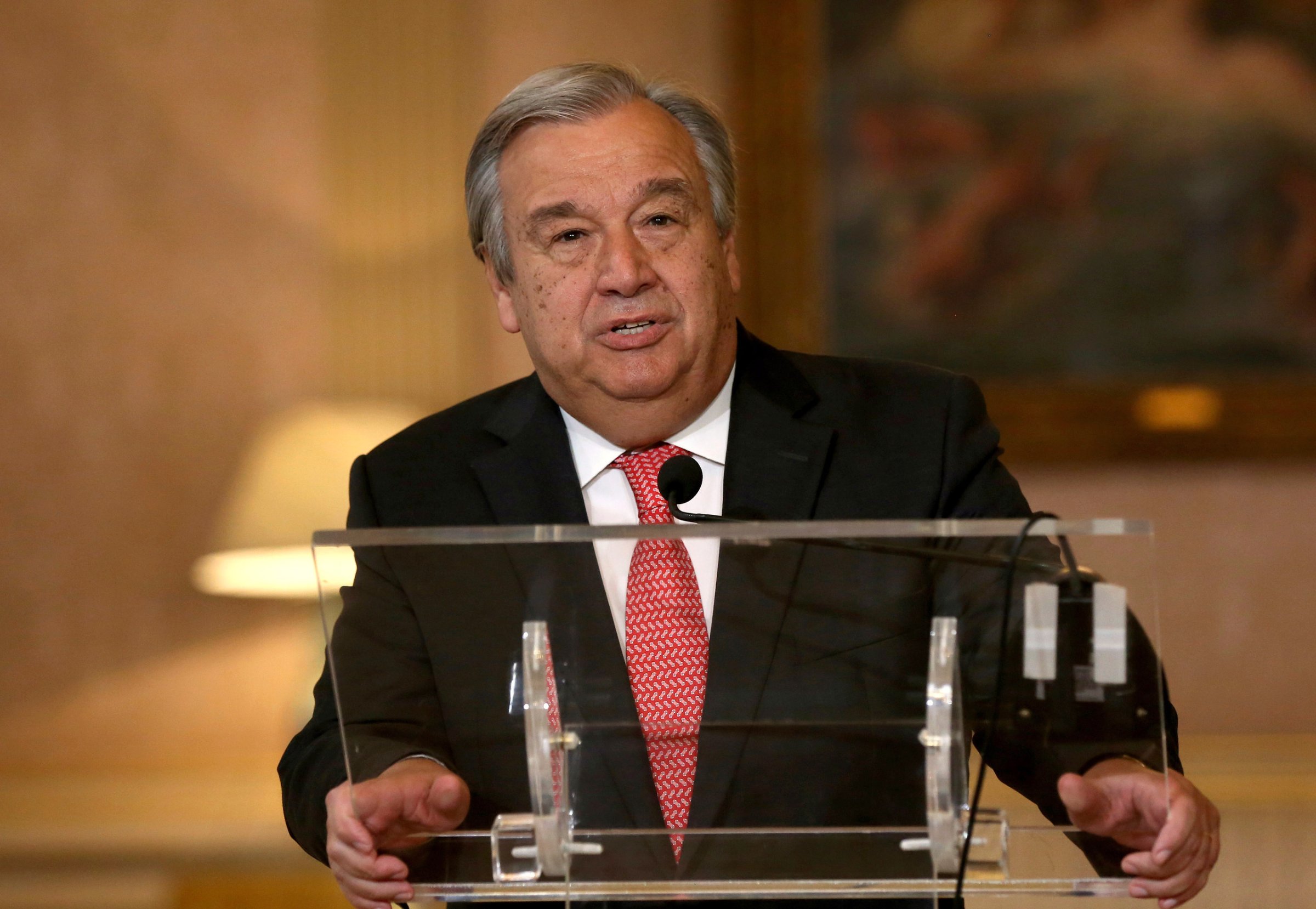 The newly appointed Secretary General of the United Nations, Antonio Guterres, reads a statement at Lisbon's Necessidades palace after the formal election took place this morning at the organisation's headquarters, Thursday, Oct. 6, 2016. The probable next U.N. secretary-general says he faces "huge challenges" and hopes to see unity and consensus during his expected term at the international body. (AP Photo/Steven Governo)