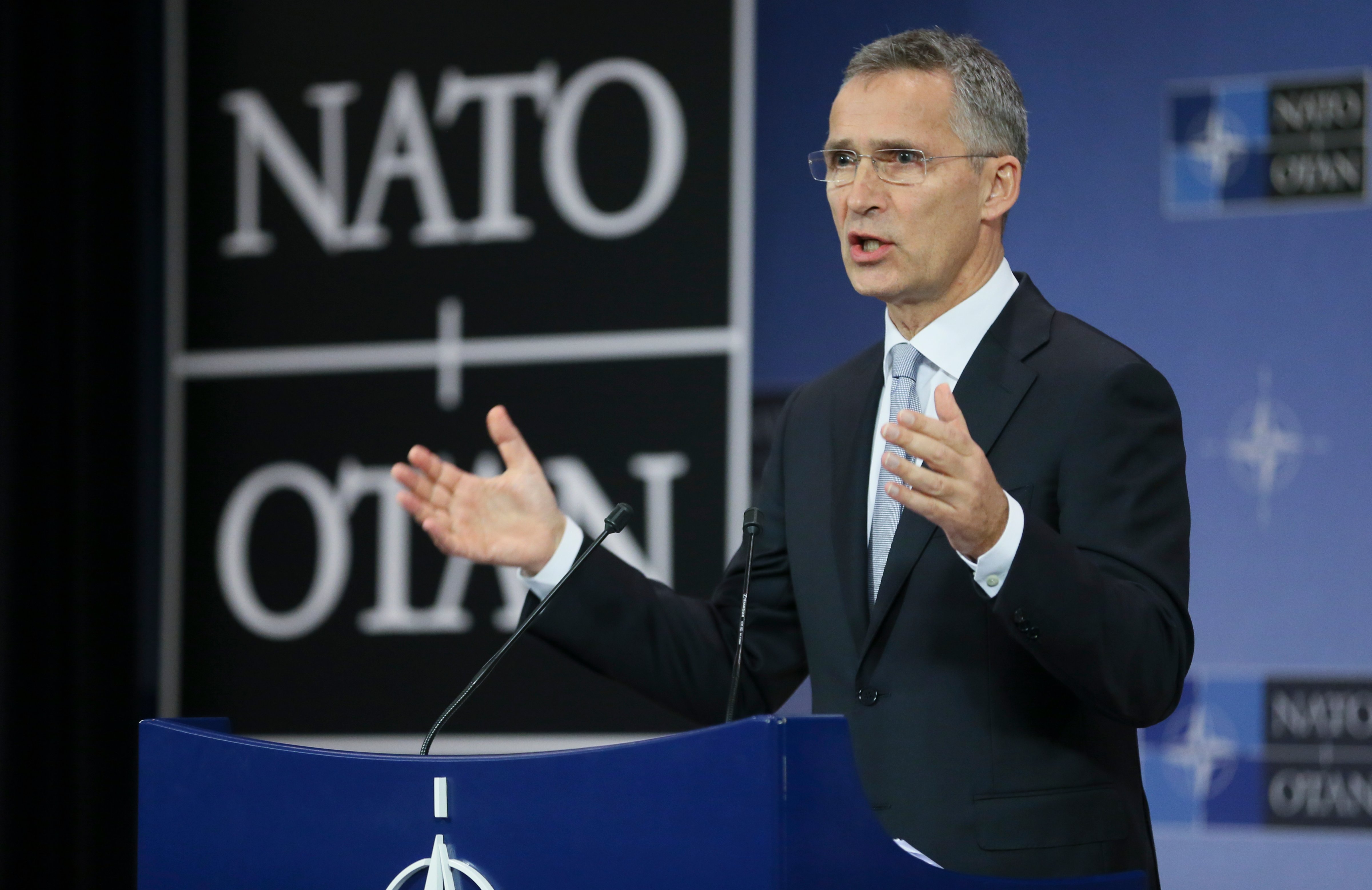 North Atlantic Treaty Organization (NATO) Secretary General Jens Stoltenberg gives a press conference ahead of the Defense Ministers Council at Alliance headquarters in Brussels, Belgium, 25 Oct.2016. (Olivier Hoslet—EPA)