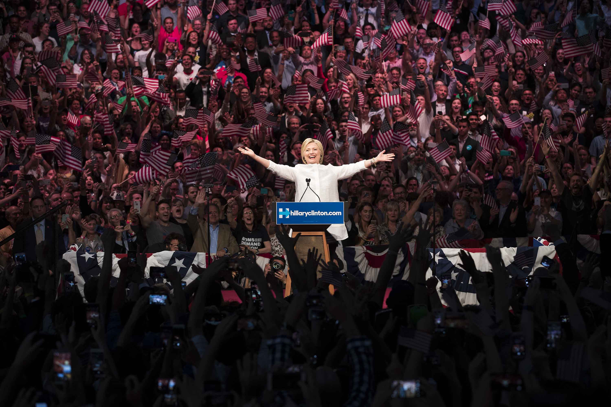 Hillary Clinton takes the stage to address supporters at the Brooklyn Navy Yard in New York, on June 7, 2016.