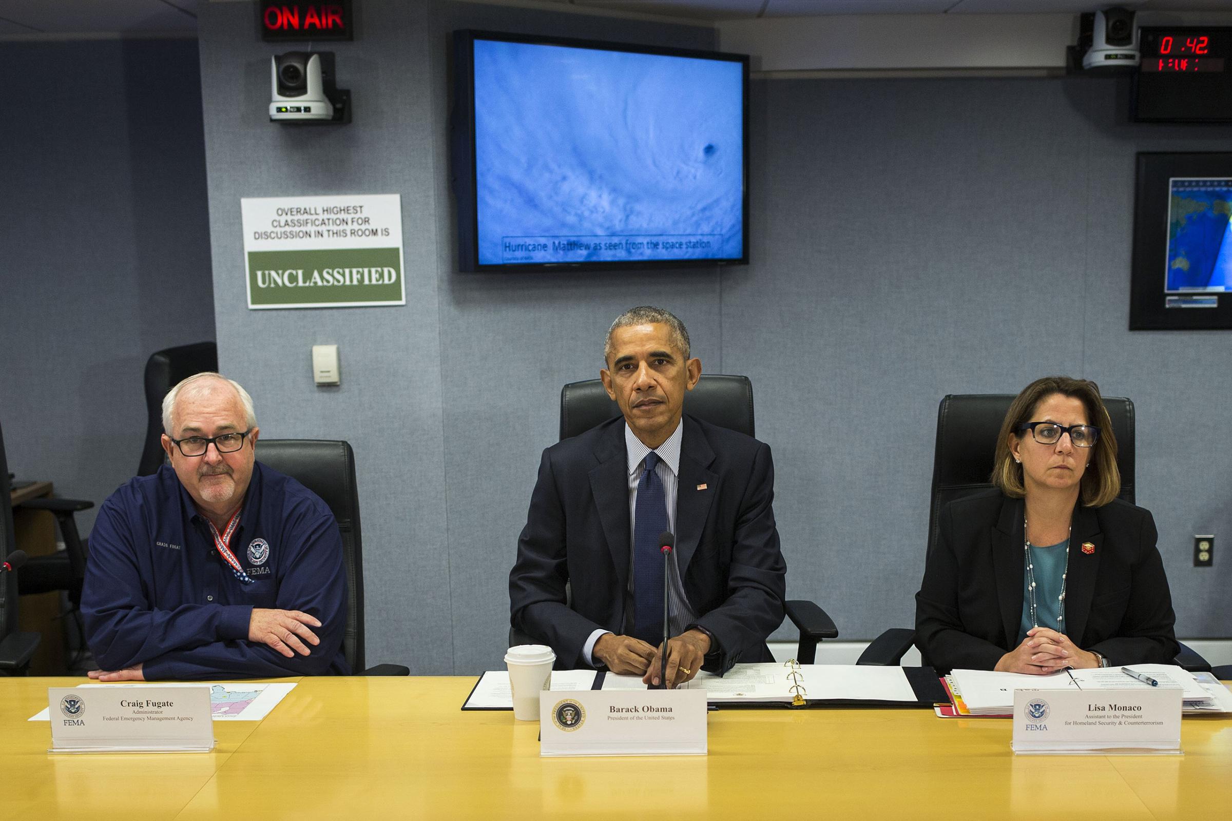 Barack Obama attends a briefing about Hurricane Matthew, at the FEMA headquarters in Washington, Oct. 5, 2016.