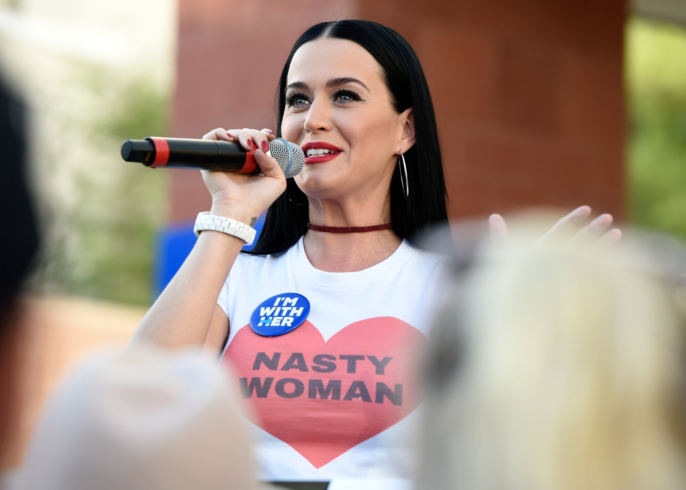 Singer Katy Perry speaks during a get out the early vote rally as she campaigns for Democratic presidential candidate Hillary Clinton at UNLV on October 22, 2016 in Las Vegas, Nevada. Today is the first day for early voting in Nevada ahead of the November 8 general election.