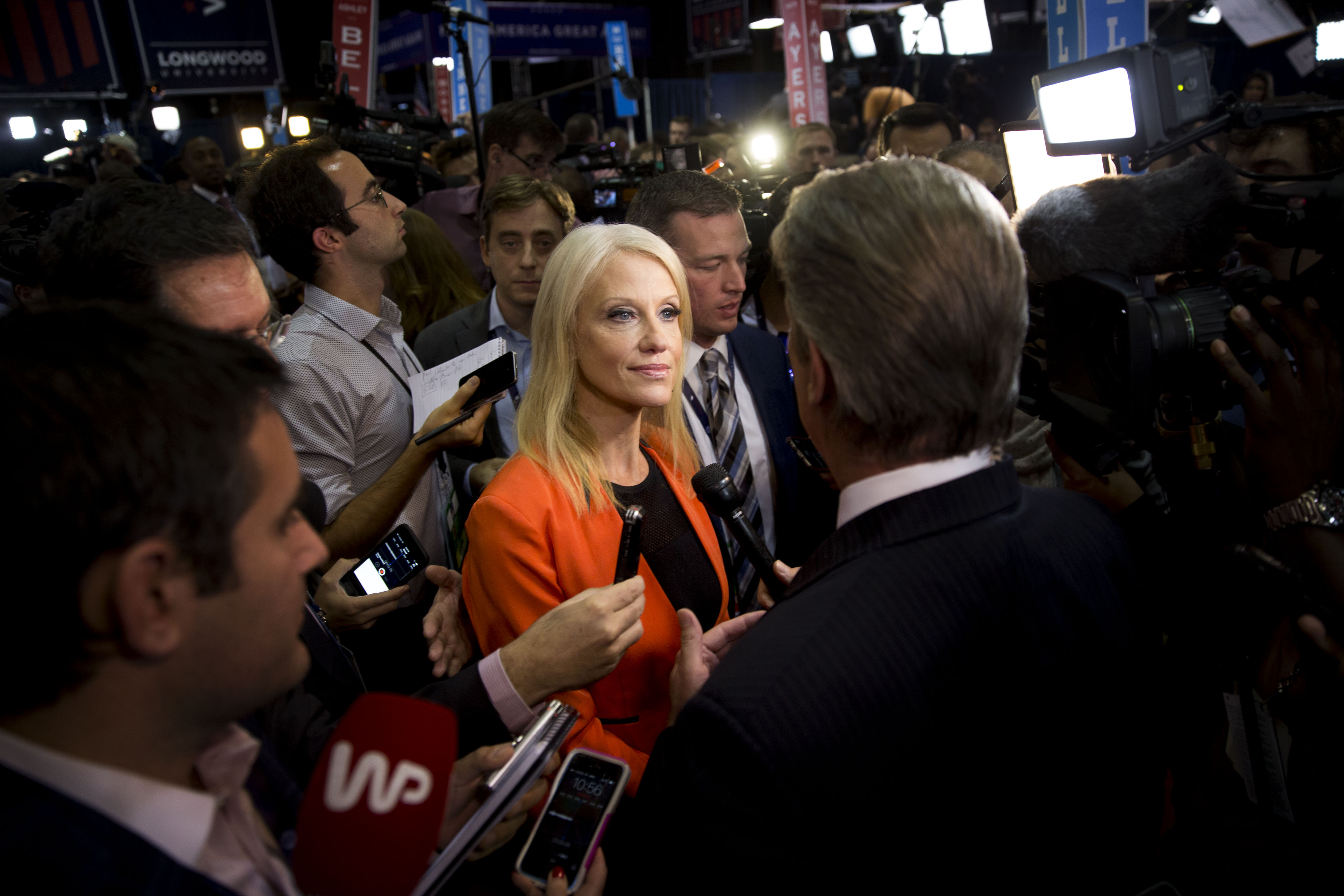 Kellyanne Conway, campaign manager for 2016 Republican Presidential Nominee Donald Trump, speaks to the media following the vice presidential debate at Longwood University in Farmville, Virginia, U.S., on Tuesday, Oct. 4, 2016. Indiana Governor Mike Pence and Virginia Senator Tim Kaine arrive at tonight's debate with three main assignments: defend their bosses from attack, try to land a few blows, and avoid any mistakes showing them unfit to be president. Photographer: Daniel Acker/Bloomberg via Getty Images (aniel Acker/—Bloomberg /Getty Images)