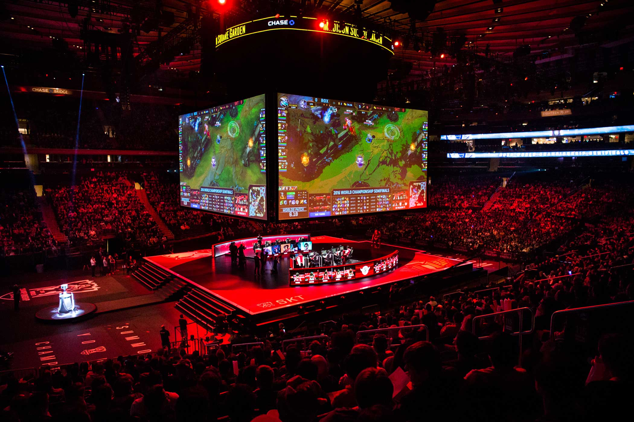 A sold-out crowd watches the first semifinal matchup for the League of Legends World Championship between the ROX Tigers and SK Telecom T1, a repeat of the 2015 finals matchup between two powerhouse Korean teams. Mark Kauzlarich for TIME