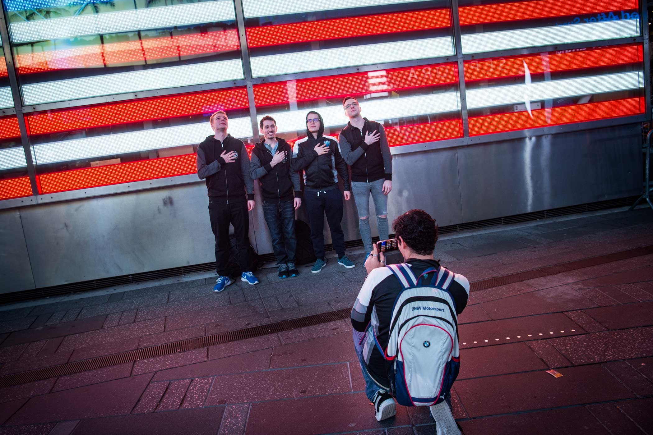 Members of H2k-Gaming stand for a photo as they walk through Times Square in New York, NY at 2AM, the day of their semifinal matchup with Samsung Galaxy for a chance to play in the League of Legends World Championship Finals. The team plays in the European region which has a friendly rivalry with North American teams, so they took this opportunity to "troll". Mark Kauzlarich for TIME