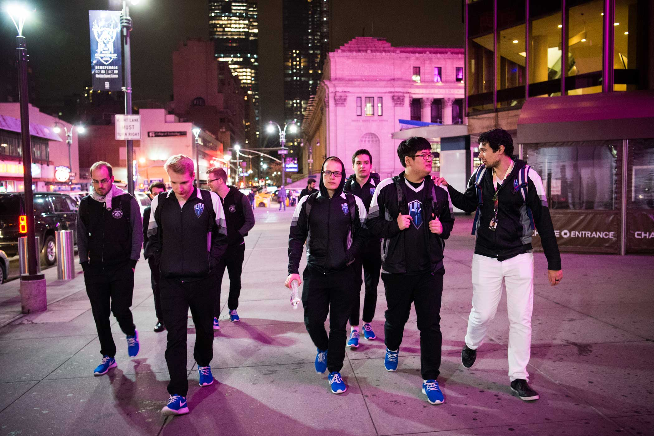 H2k leaves Madison Square Garden after taking photographs with a few fans after their loss to Samsung Galaxy. The team decided to go get Korean barbecue, one of their favorite meals, and splurge on a more expensive meal for one of their last nights together before heading to their respective home countries. Mark Kauzlarich for TIME