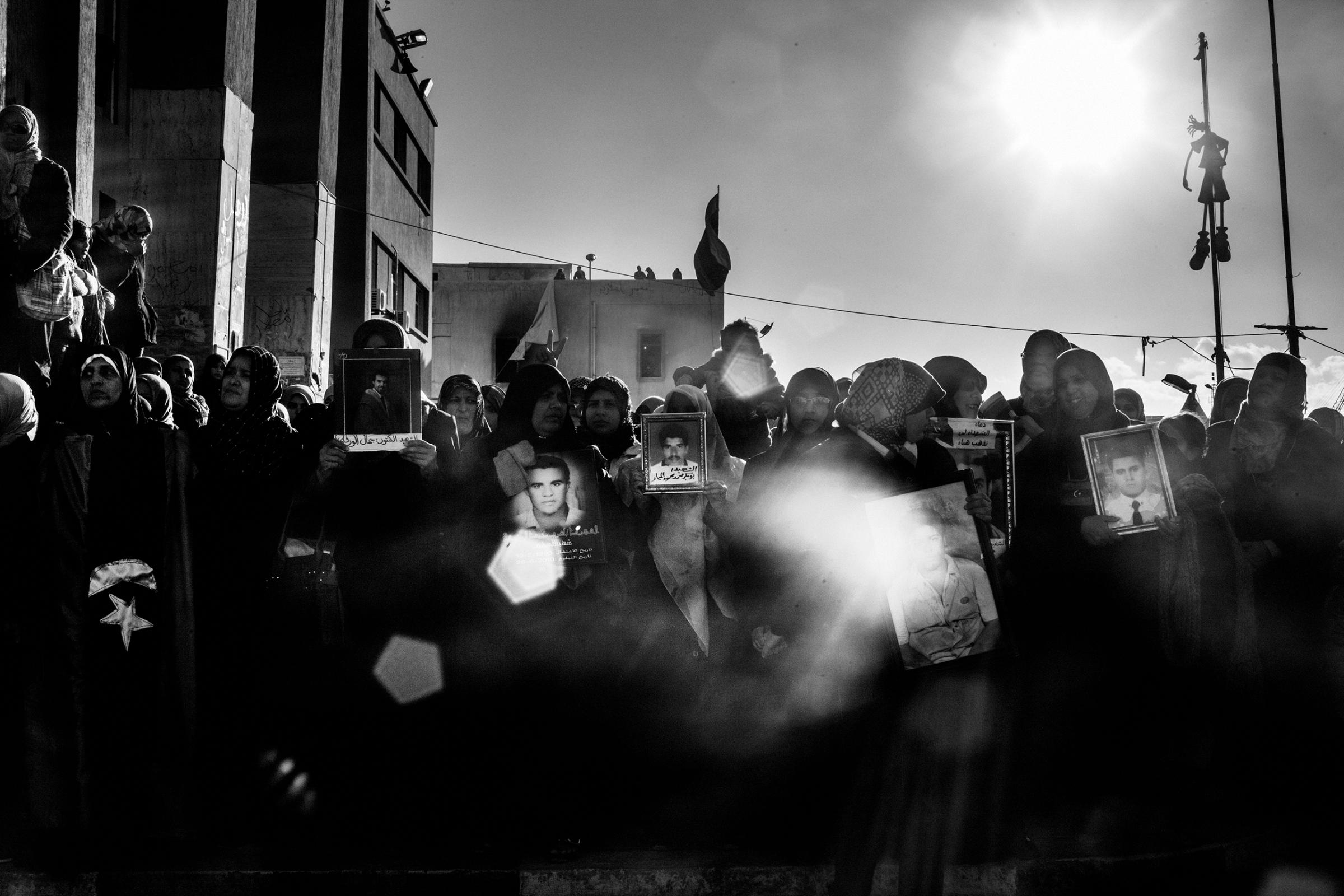 Libyan women demonstrate in the central square of Benghazi in memory of the death of fighters killed by Gaddafi forces, Feb. 28, 2011.
