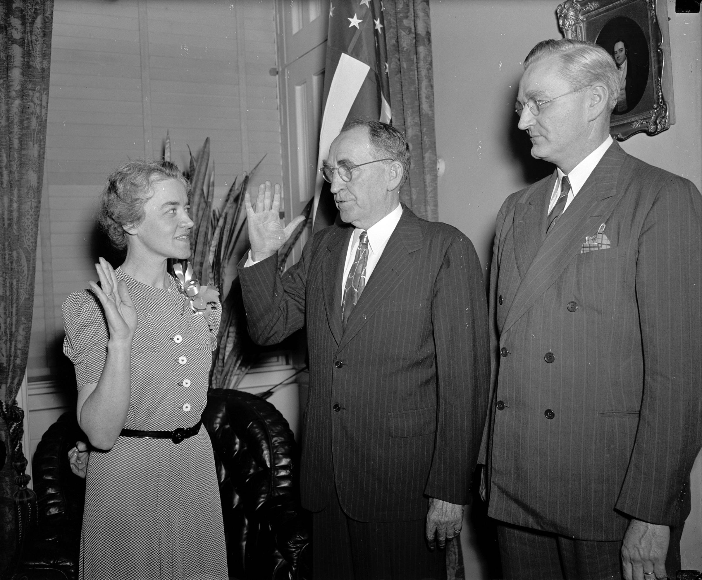 Margaret Chase Smith, wife of the late Rep. Clyde Smith, Maine Republican, being sworn in, June 10, 1940.