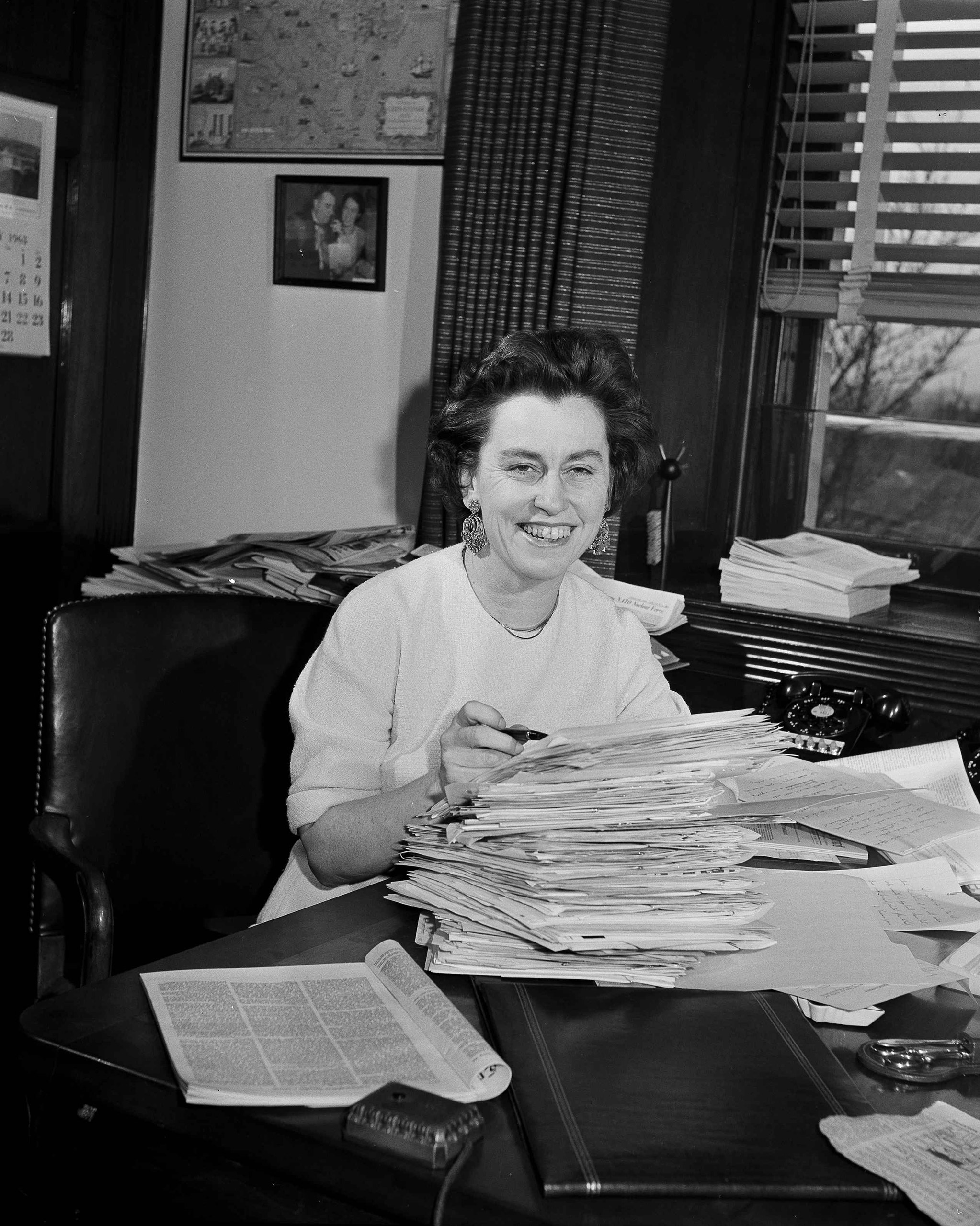 Rep. Martha W. Griffiths (D-Mich.) displays a stack of mail in her Capitol office in Washington, March 3, 1963.