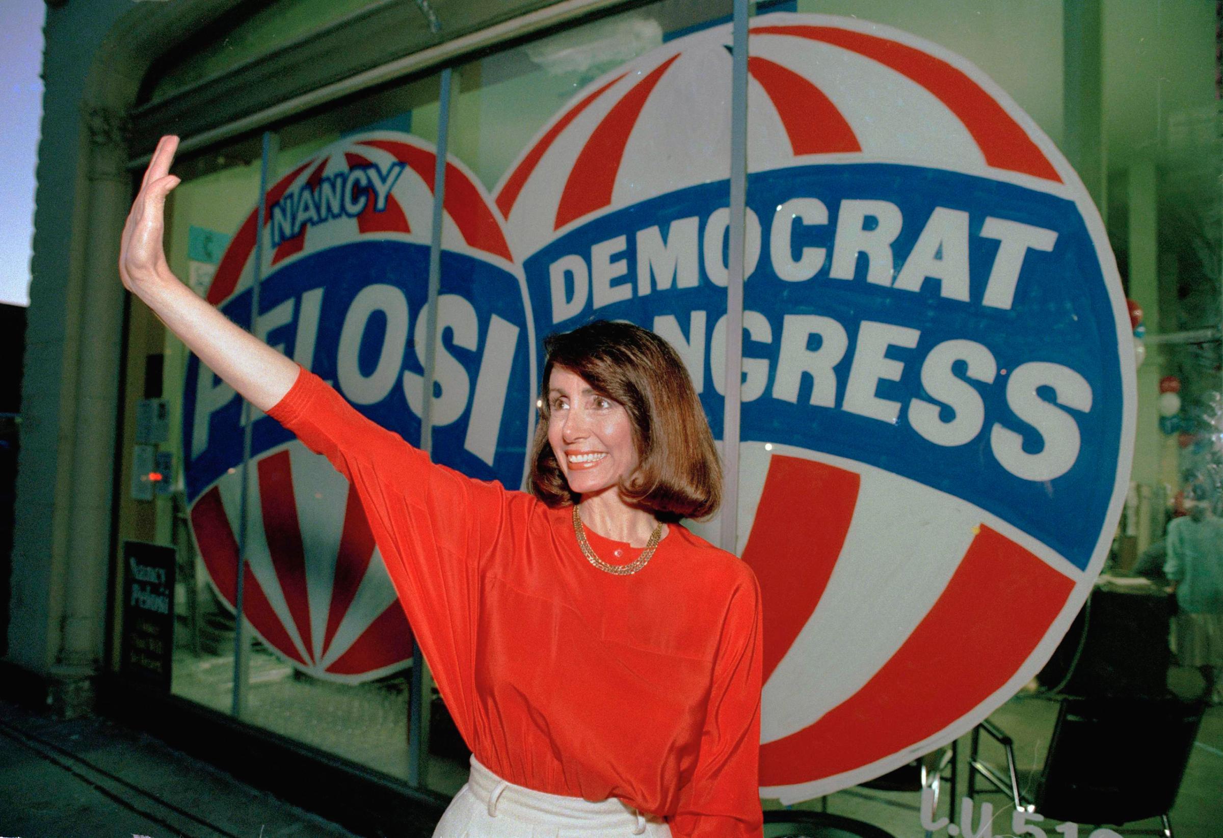 Congressional candidate Nancy Pelosi, D-Calif., waves at the Headquarters in San Francisco Tuesday night April 7, 1987.