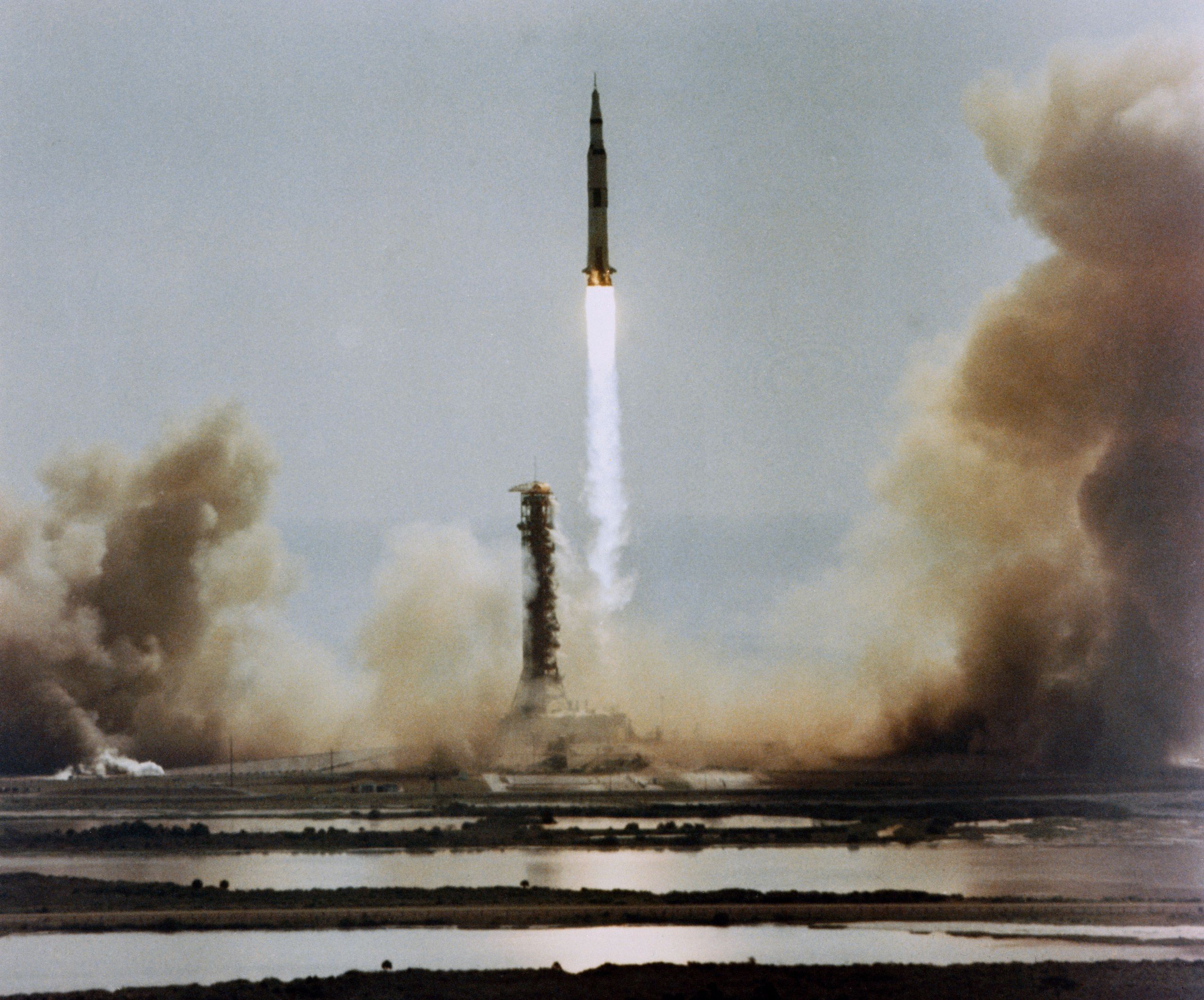 Moonbound Apollo 11 clears the launch tower.