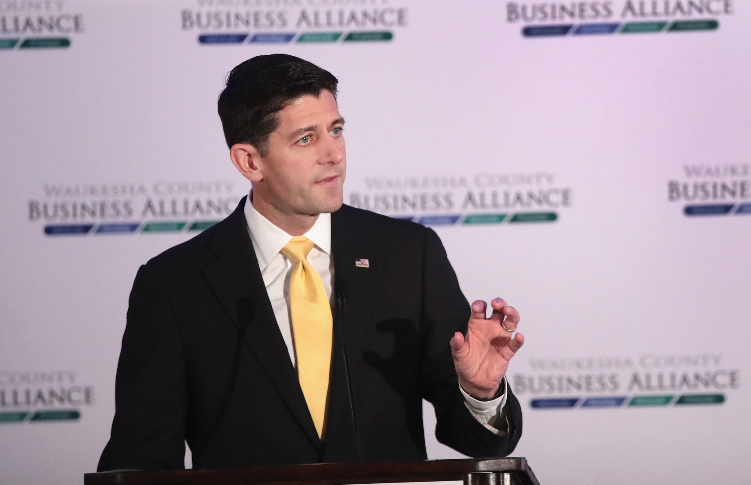 BROOKFIELD, WI - OCTOBER 13: Speaker of the House Paul Ryan (R-WI) speaks with business and community leaders at the Waukesha County Business Alliance luncheon on October 13, 2016 in Brookfield, Wisconsin. Although the event program stated that Ryan would take questions from the audience he left without taking any. Ryan recently told his colleagues in the House that he would no longer defend or campaign for Donald Trump, the Republican nominee for president. (Photo by Scott Olson/Getty Images)