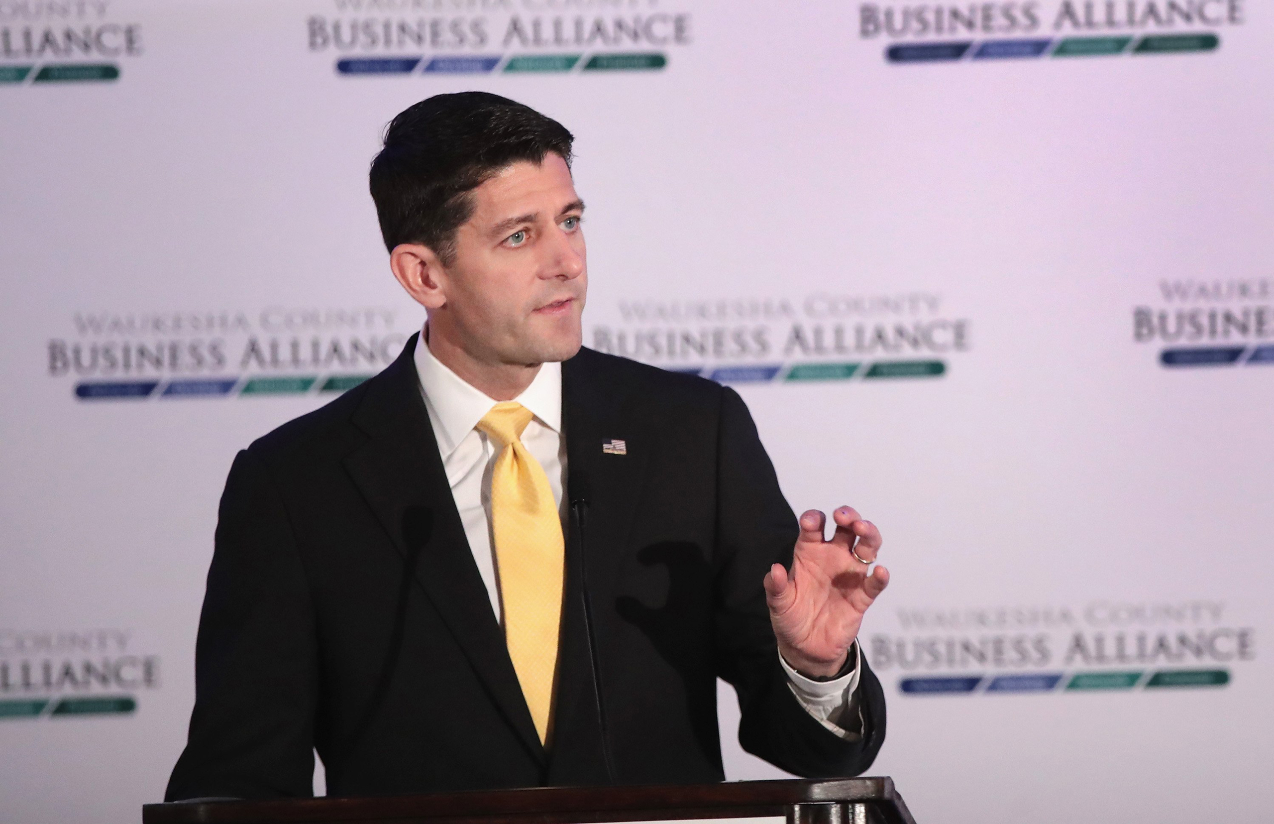 Speaker of the House Paul Ryan speaks with business and community leaders at the Waukesha County Business Alliance luncheon in Brookfield, Wi.,  on Oct. 13, 2016. (Scott Olson—Getty Images)