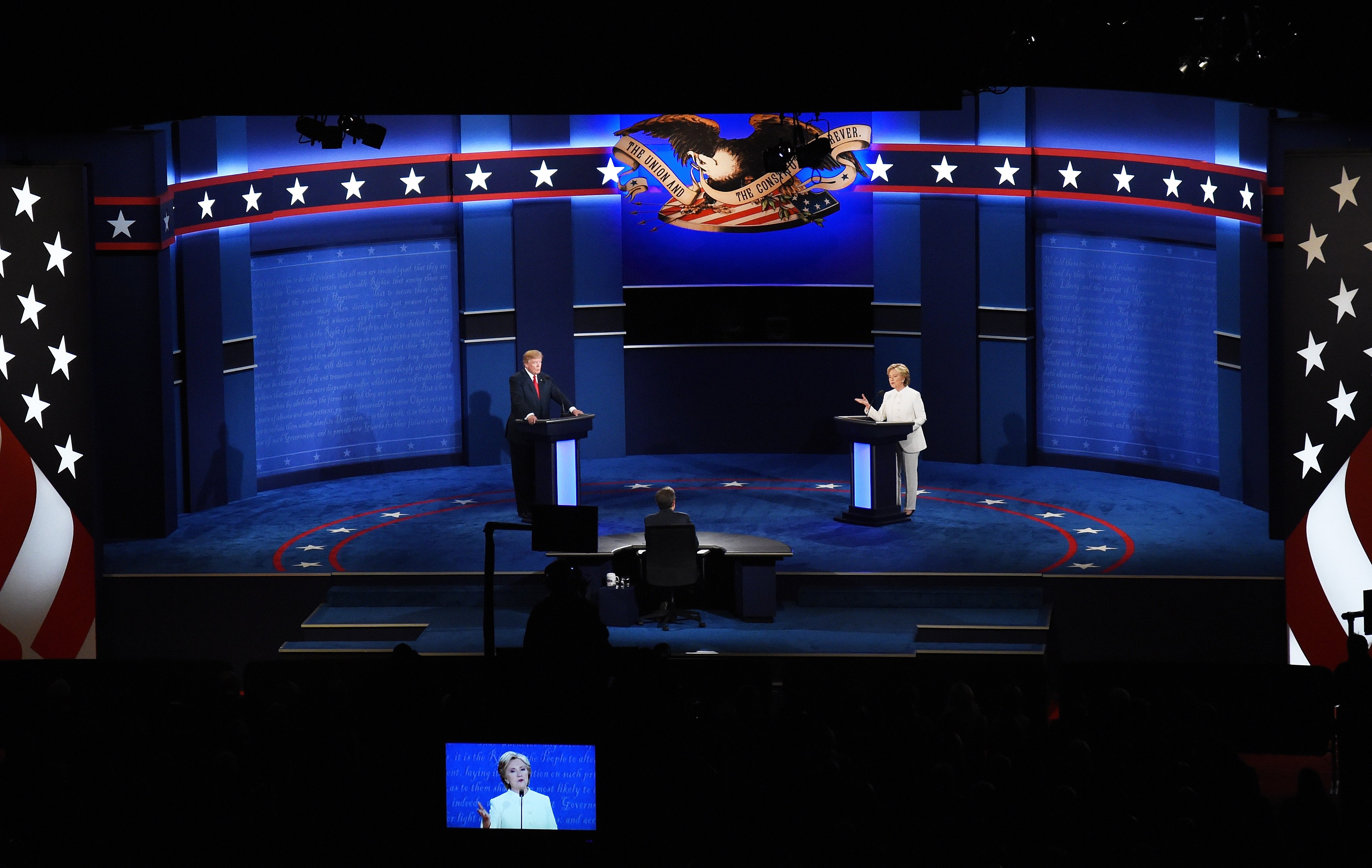 Democratic presidential nominee former Secretary of State Hillary Clinton and Republican presidential nominee Donald Trump debate in Las Vegas on Oct. 19, 2016. (Ethan Miller—Getty Images)