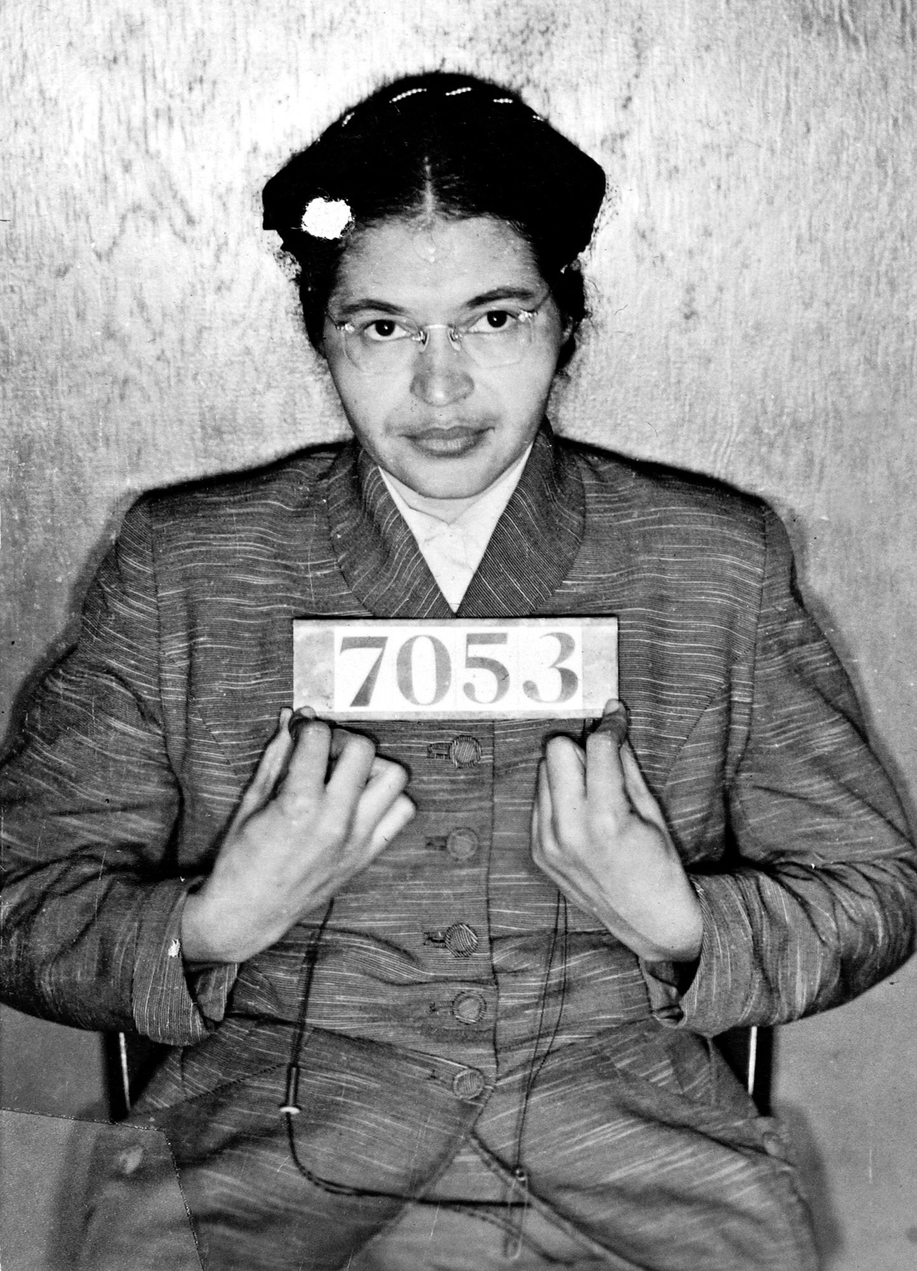 Booking photo of American Civil Rights activist Rosa Louise McCauley Parks taken at the time of her arrest for refusing to give up her seat on a Montgomery, Ala., bus to a white passenger on Dec. 1, 1955.
