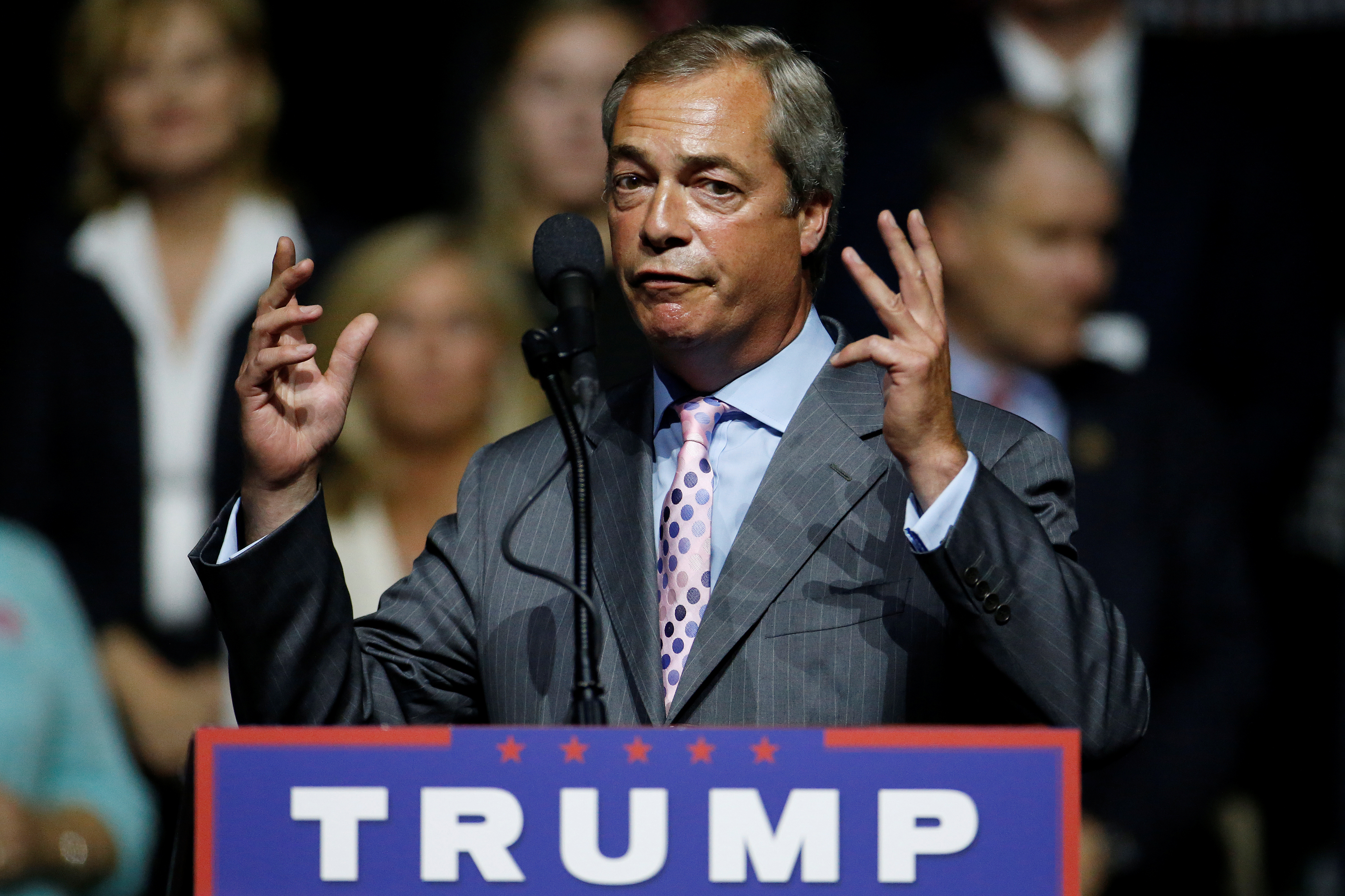 Outgoing UKIP leader Nigel Farage speaks during a campaign rally of Republican presidential nominee Donald Trump in Jackson, Miss., on Aug. 24, 2016 (Carlo Allegri—Reuters)