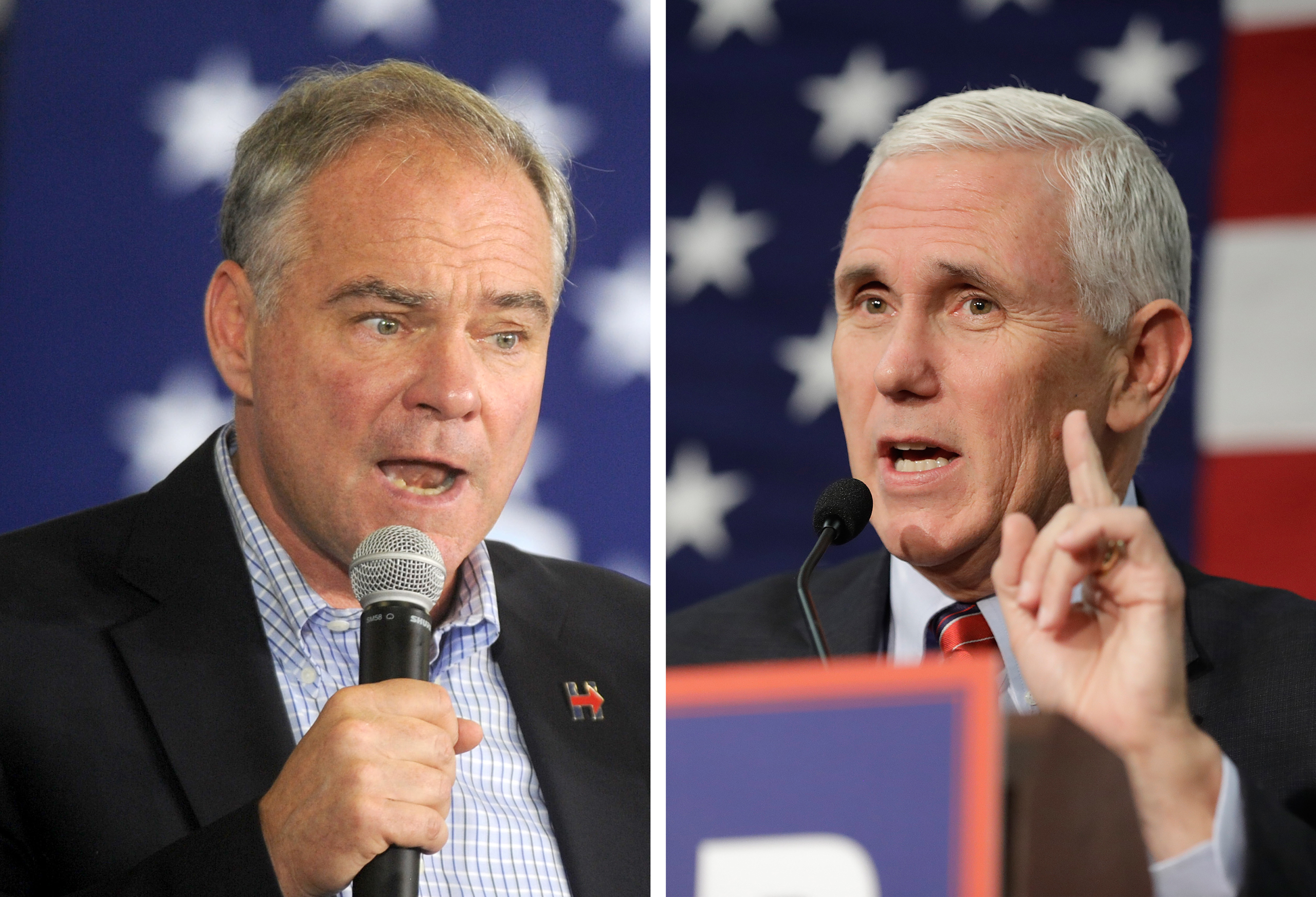 From left: Democratic vice-presidential nominee Tim Kaine speaks at Hanover Township Community Center in Bethlehem, Pa., on Aug. 31, 2016; the Republican vice-presidential candidate, Indiana Governor Mike Pence, speaks at a campaign rally in Fort Wayne, Ind., on Sept. 30, 2016 (Dennis Van Tine—Sipa USA; Darron Cummings—AP)
