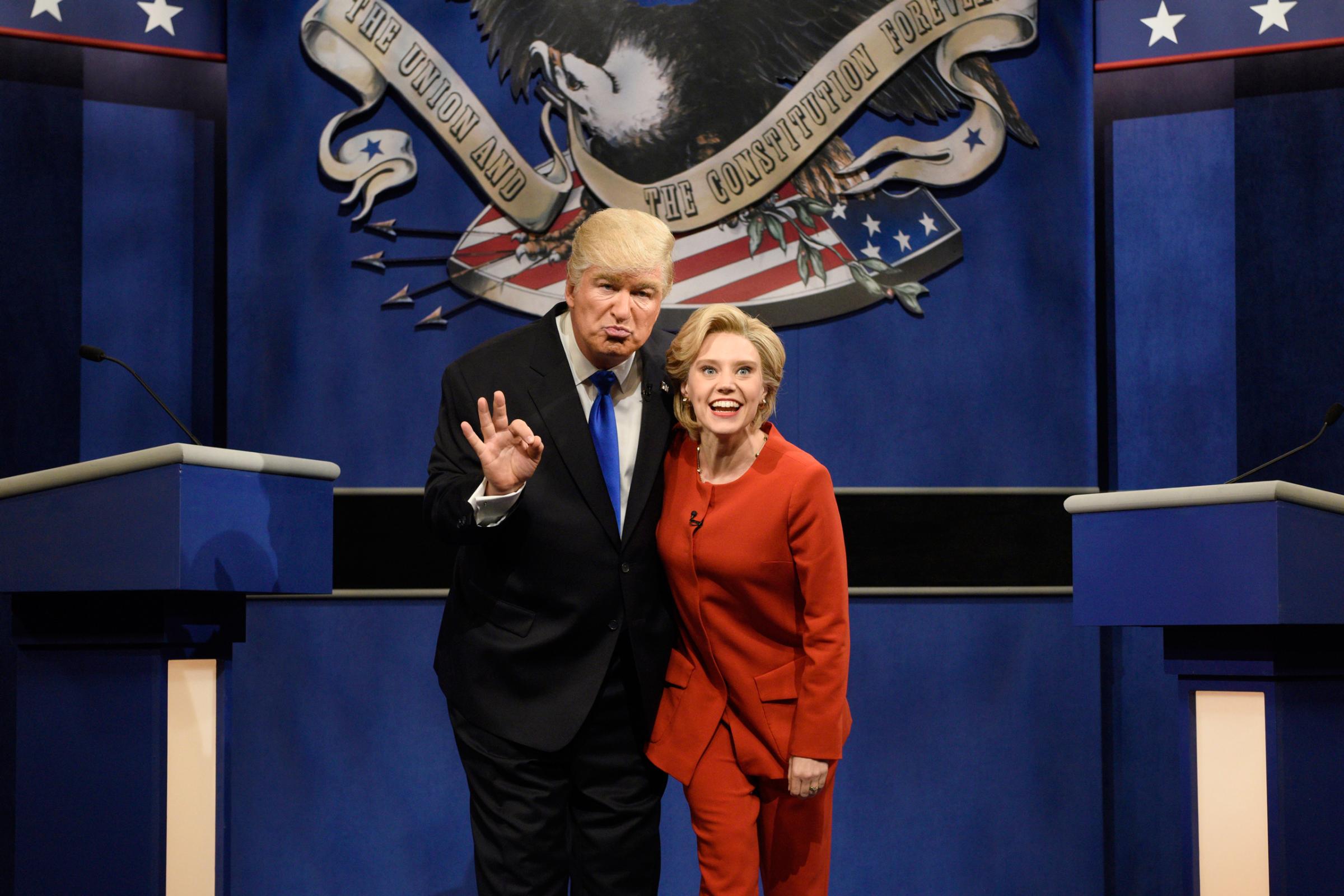 SATURDAY NIGHT LIVE -- "Margot Robbie" Episode 1705 -- Pictured: (l-r) Alec Baldwin as Republican Presidential Candidate Donald Trump and Kate McKinnon as Democratic Presidential Candidate Hillary Clinton during the "Debate Cold Open" sketch on October 1, 2016 -- (Photo by: Will Heath/NBC/NBCU Photo Bank via Getty Images)