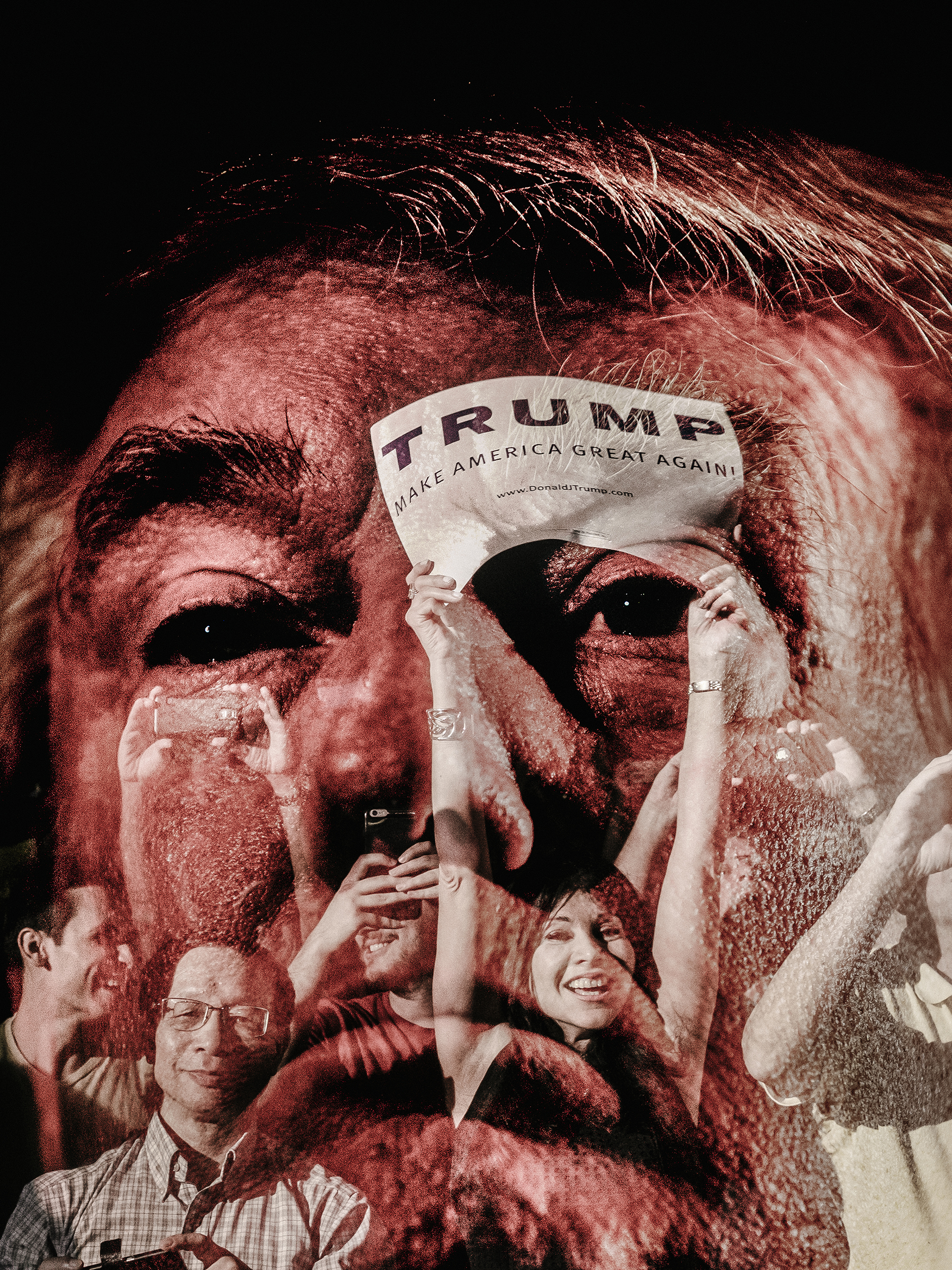 A double-exposure photograph of Trump supporters at a rally in Boca Raton, Fla., and Trump in Milford, N.H. (Mark Abramson for Time)