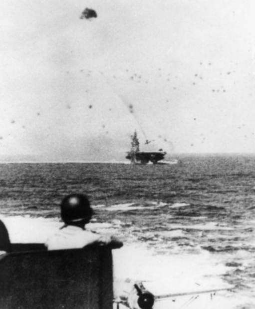 This kamikaze attack on the USS Intrepid on Nov. 25, 1944, killed more than 75 U.S. sailors. (U.S. Navy)