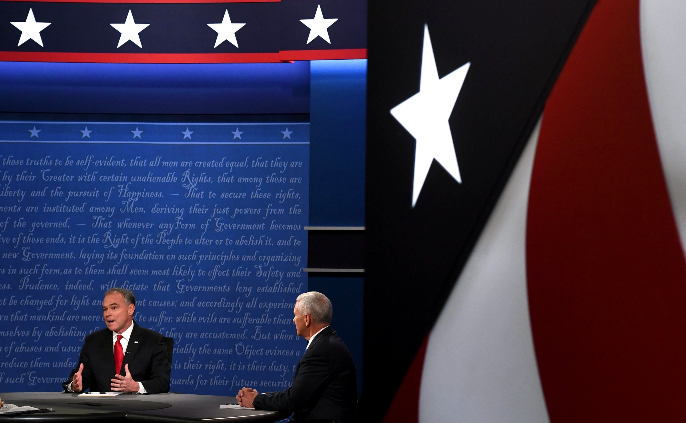 Vice presidential nominees Tim Kaine and Mike Pence speak during the vice presidential debate at Longwood University in Farmville, Va. on Oct. 4, 2016.