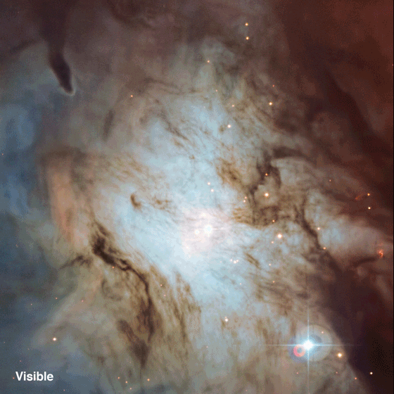 In the infrared images from the VISTA telescope the dust is much more transparent than in the visible light pictures from the MPG/ESO 2.2-metre telescope. (Igor Chekalin—ESO; Gif by Marisa Gertz for TIME)
