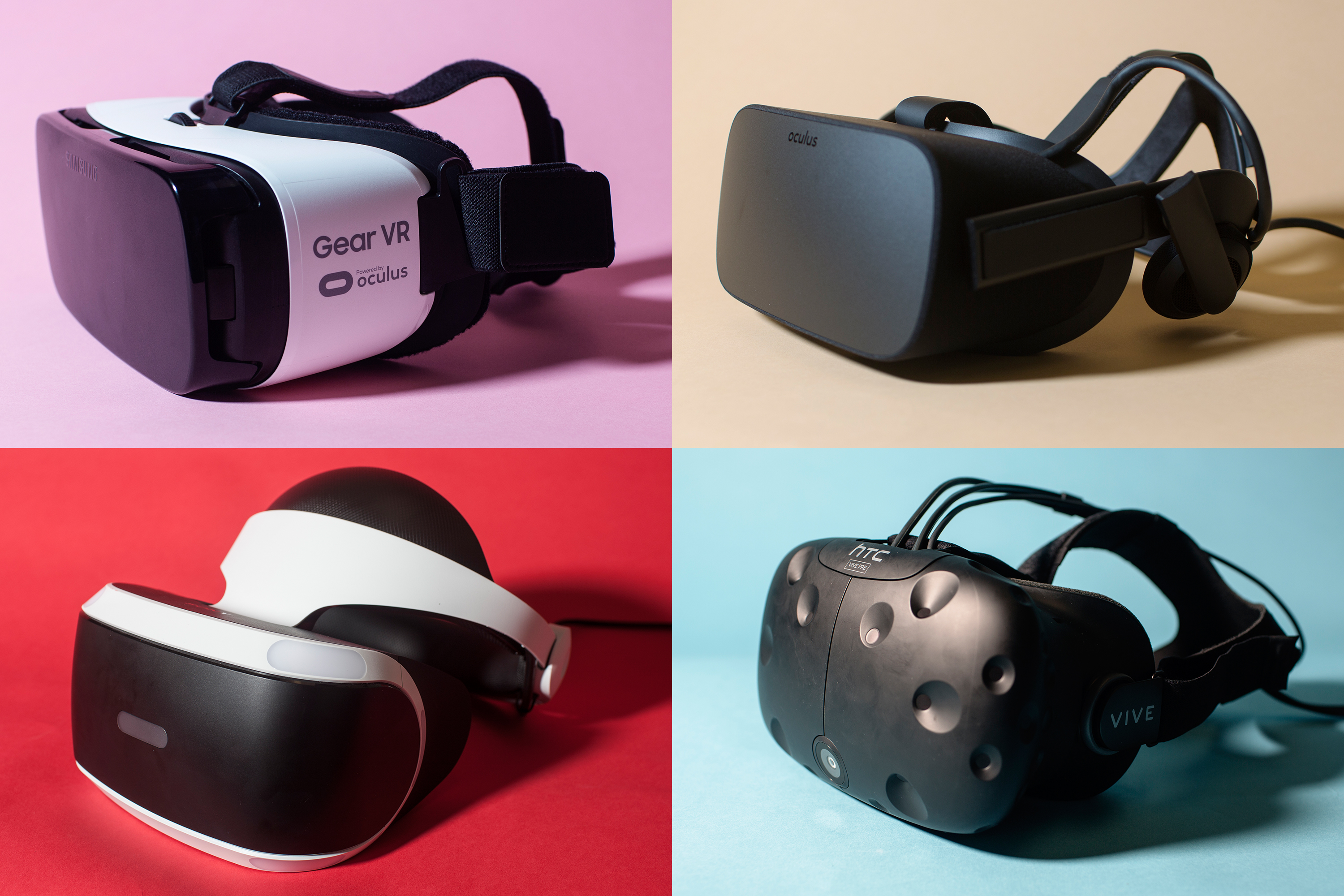 Clockwise from top left: The Samsung Gear VR, The Oculus Rift, the HTC Vive, and the PlayStation VR. (Tyler Essary for TIME)
