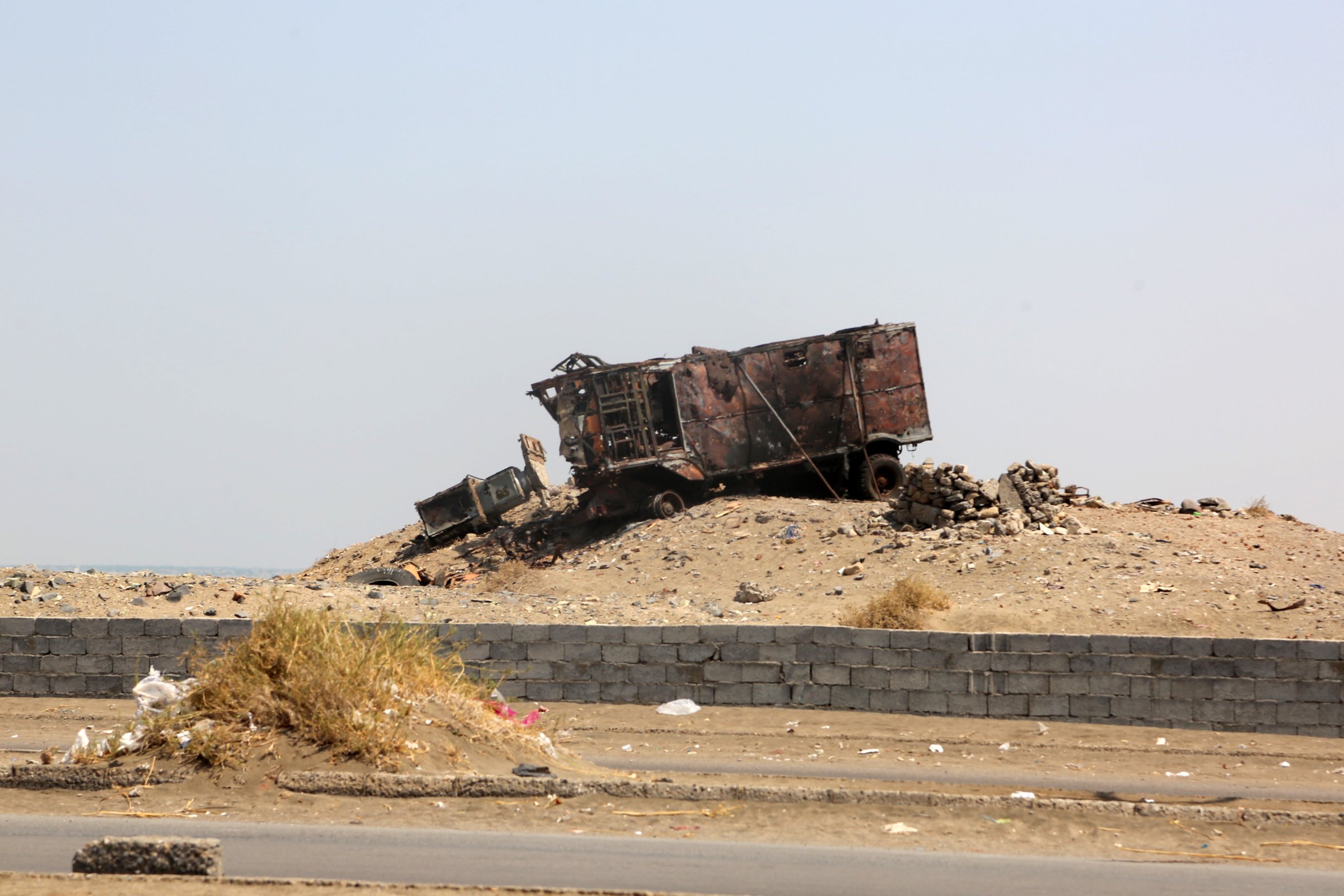 A destroyed vehicle is pictured in the Yemeni port city of Hodeidah on Oct. 13, 2016.
