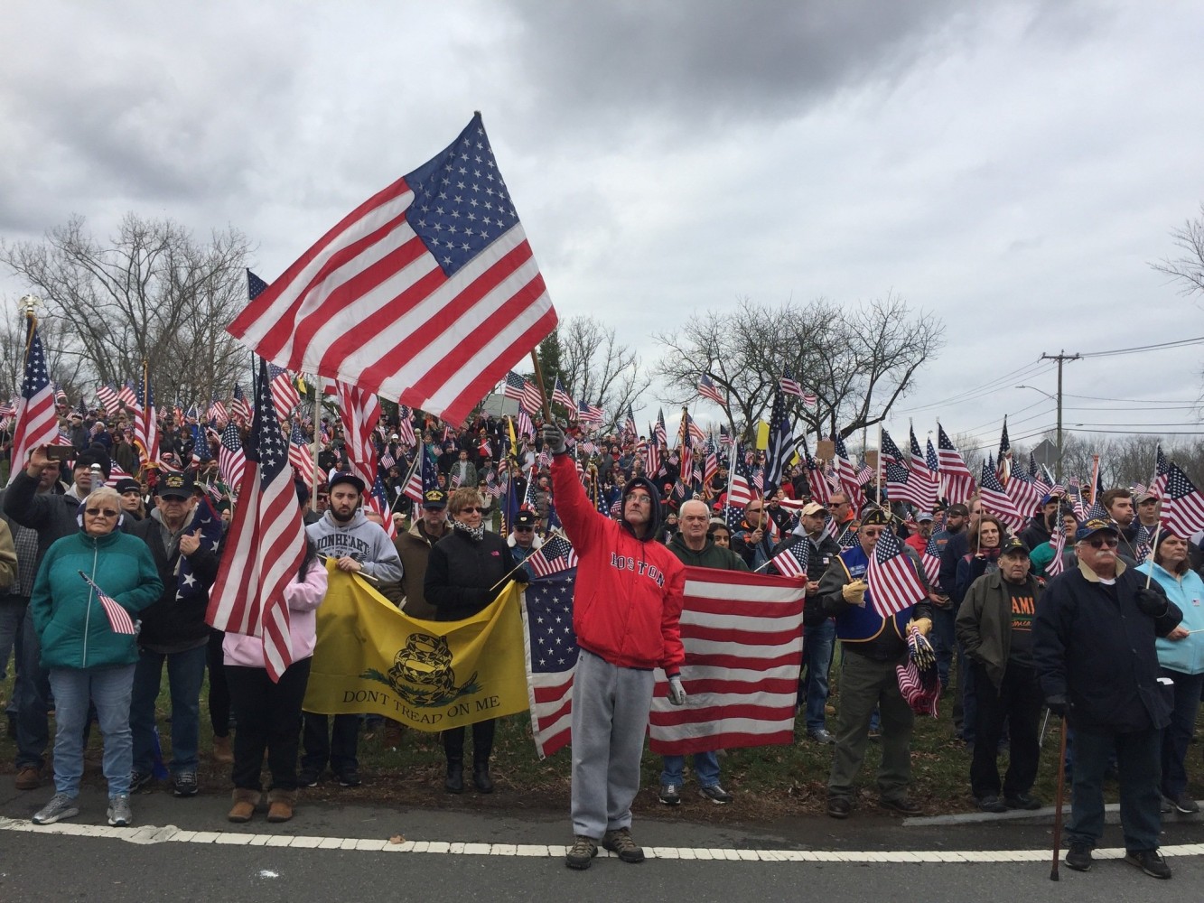 A demonstration at Hampshire College called for the school to reverse a decision to stop flying the American flag, on Nov 27, 2016.
