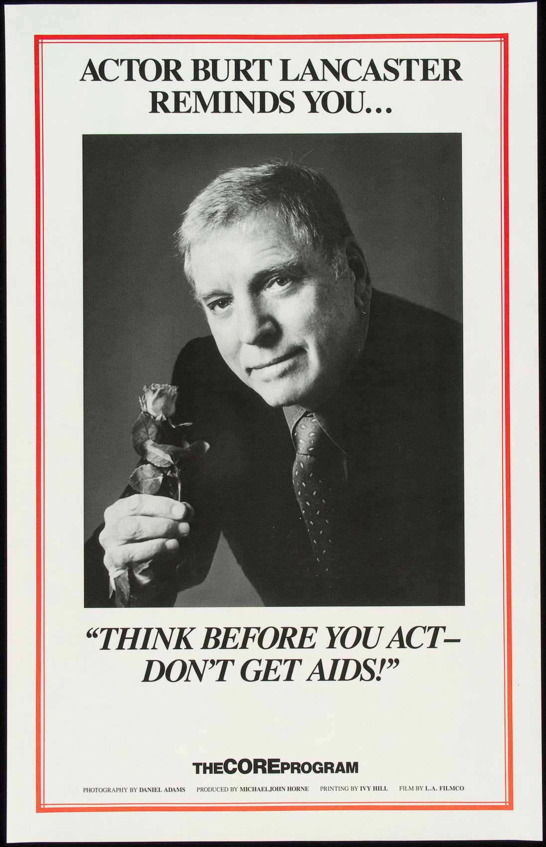 A 1985 poster featuring actor Burt Lancaster, made by the CORE Program in California.