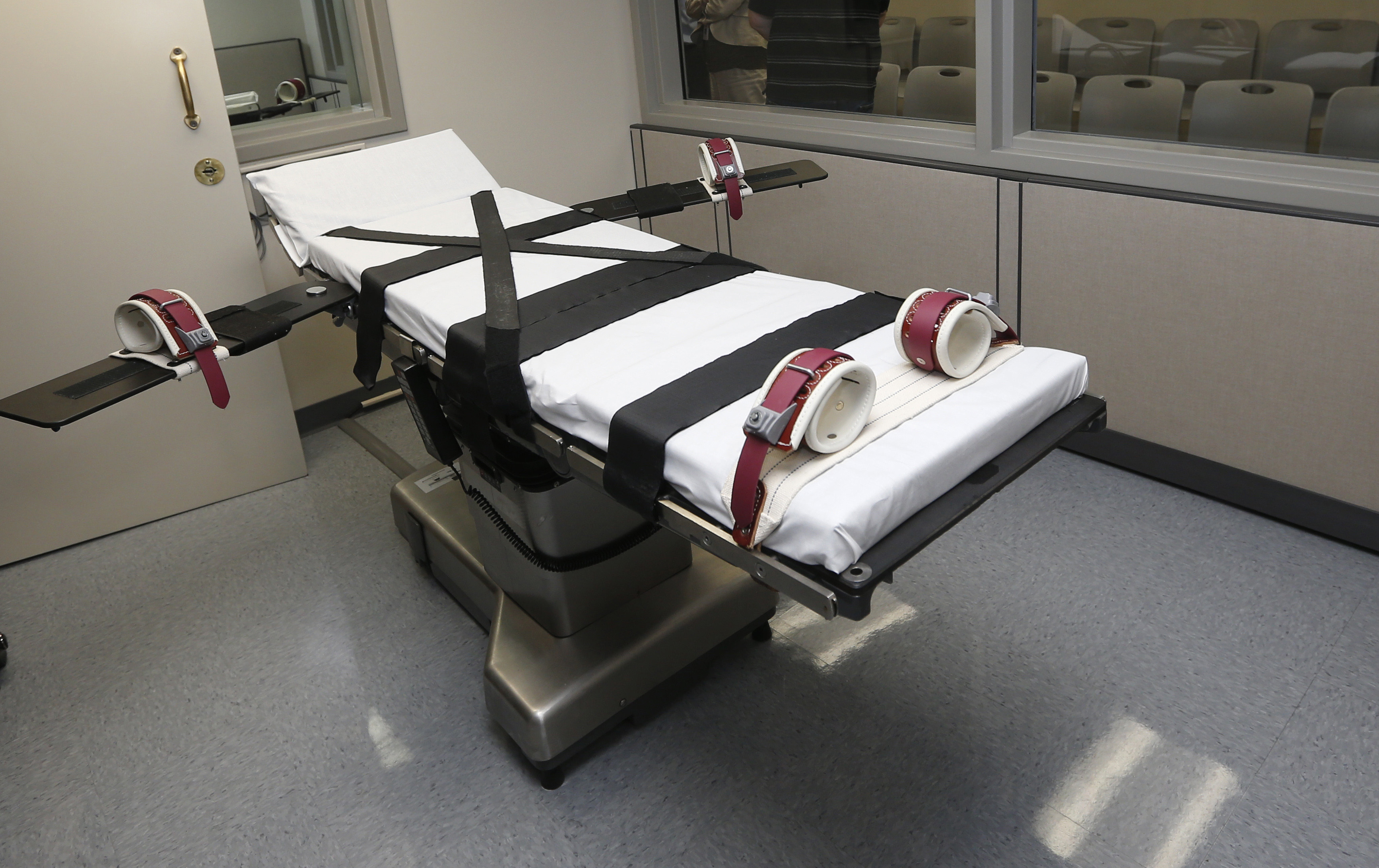 This Oct. 9, 2014, file photo shows the gurney in the the execution chamber at the Oklahoma State Penitentiary in McAlester, Okla. Voters chose Tuesday to provide constitutional protections for the state's death penalty. (Sue Ogrocki—AP)
