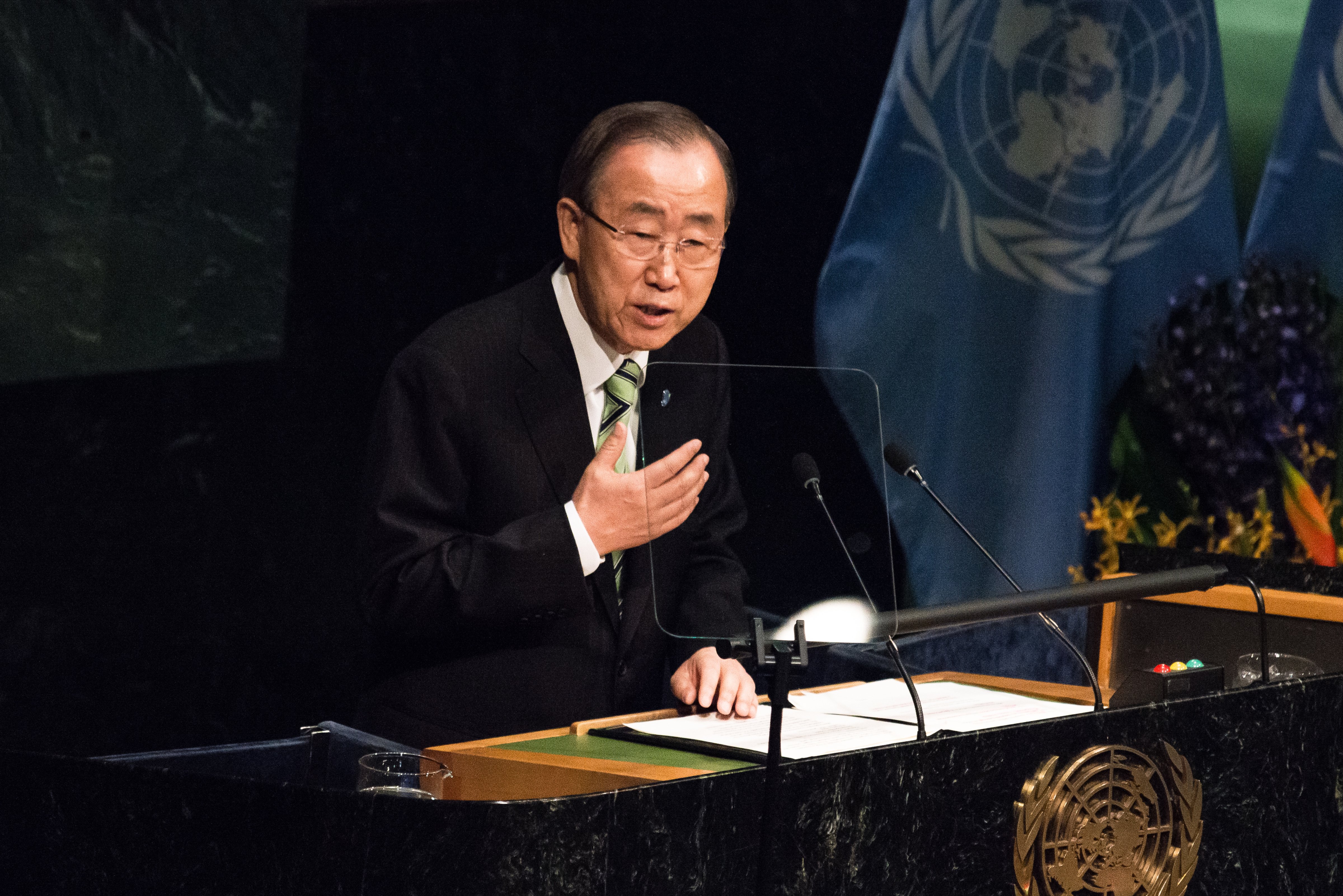 UN Secretary-General Ban Ki-moon offers his opening remarks as leaders from around the world gathered in General Assembly Hall at UN Headquarters in New York City to sign the Global Climate Agreement resulting from the COP21 conference in Paris last year. (Pacific Press/Getty Images)