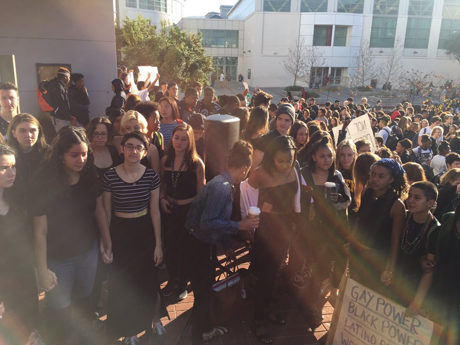 Lillian Weiner-Mock (third from left, in a striped top), co-head of the student body's Gay-Straight Alliance, stages a walk out with fellow students at Berkeley High School to protest against the presidential election of Donald Trump, in Berkeley, Calif., on Nov. 9, 2016. (Courtesy of Berkeley High School)
