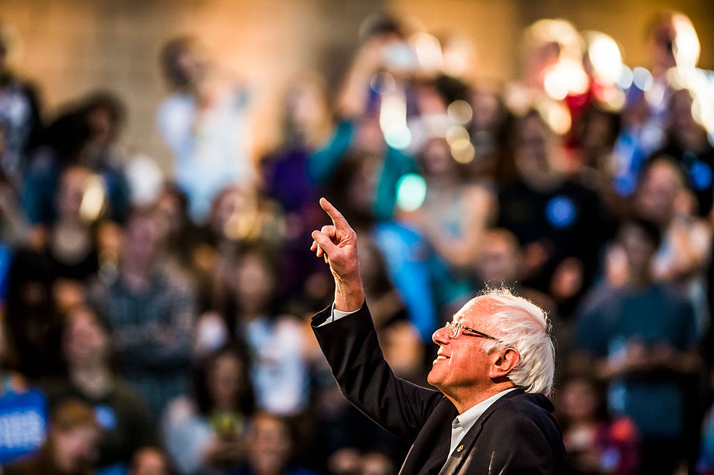 Vermont Sen. Bernie Sanders points to a supporter during a Get Out the Vote rally at Colorado College, in which he campaigned for Democratic presidential candidate Hillary Clinton, on Nov. 5, 2016, in Colorado Springs, Colo. (Colorado Springs Gazette&mdash;TNS via Getty Images)