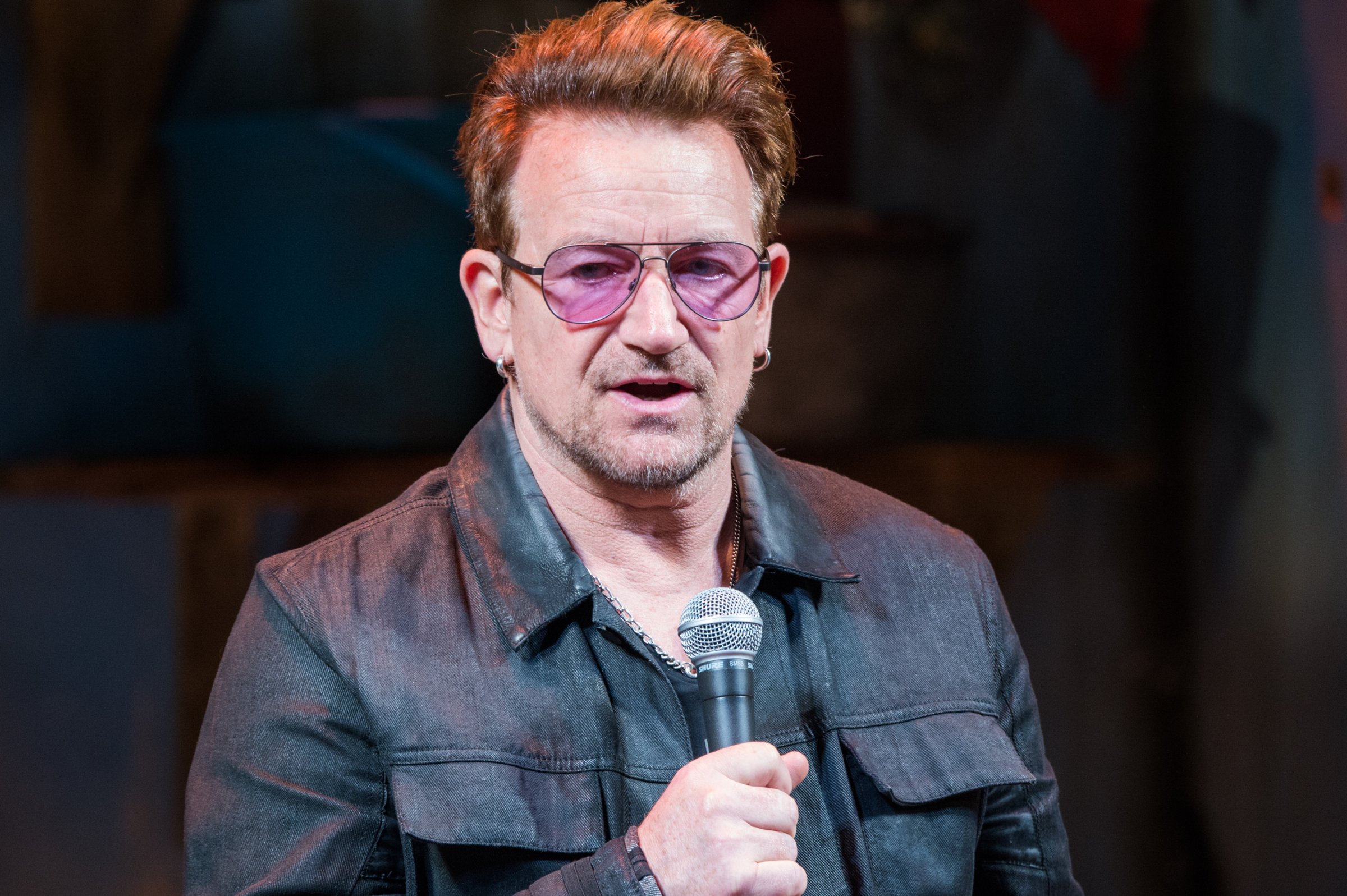 U2 band member Bono attends "Eclipsed" To Launch A Dedications Series In Honor Of Abducted Chibok Girls Of Northern Nigeria at Golden Theatre on April 30, 2016 in New York City.
