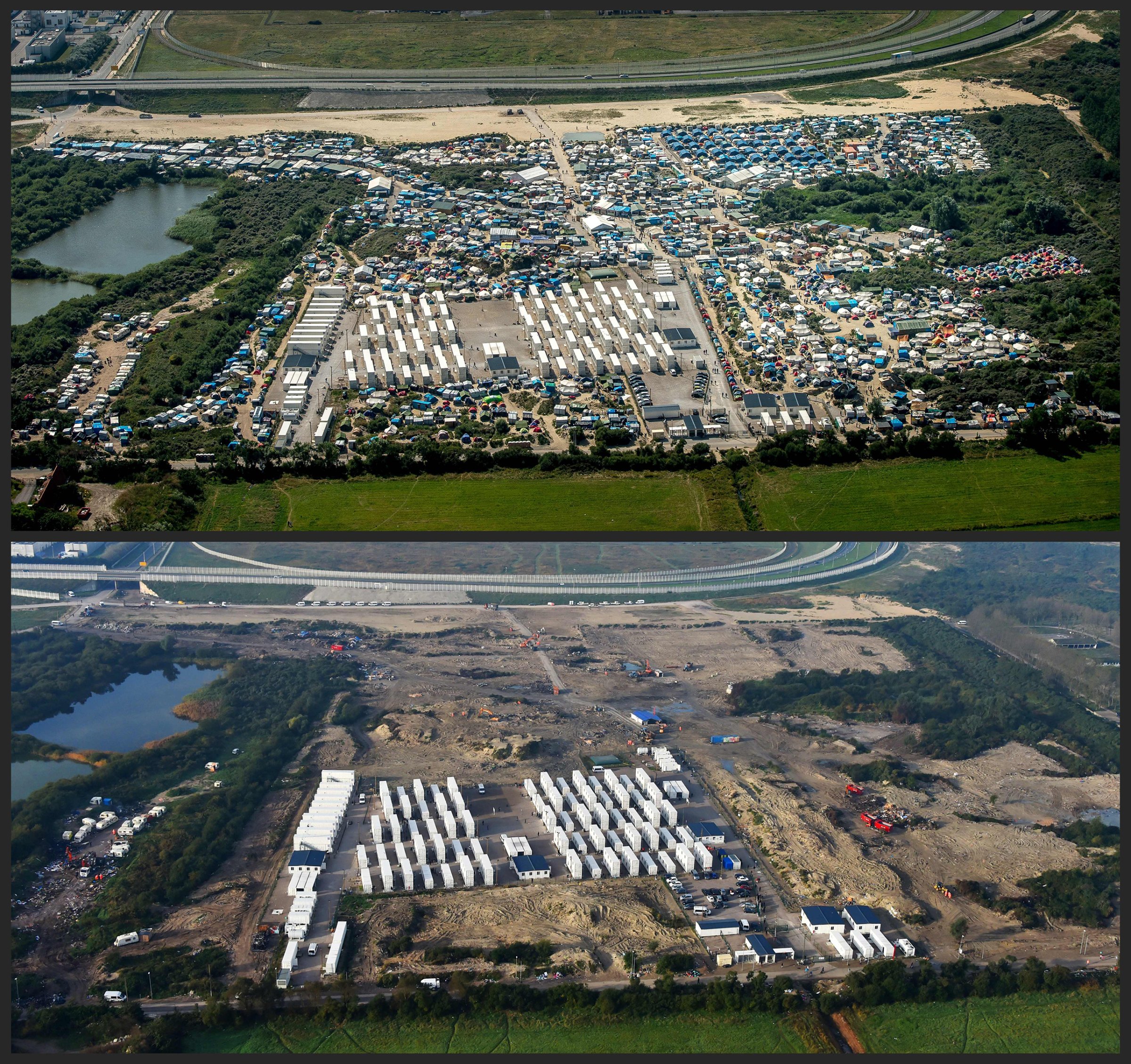 A combination shows two aerial views of the "Jungle" camp in Calais, northern France, on Aug. 16, 2016 and Nov. 1, 2016. The bottom picture shows the aftermath of forced evictions of thousands of migrants and demolition of the shacks in which they slept.