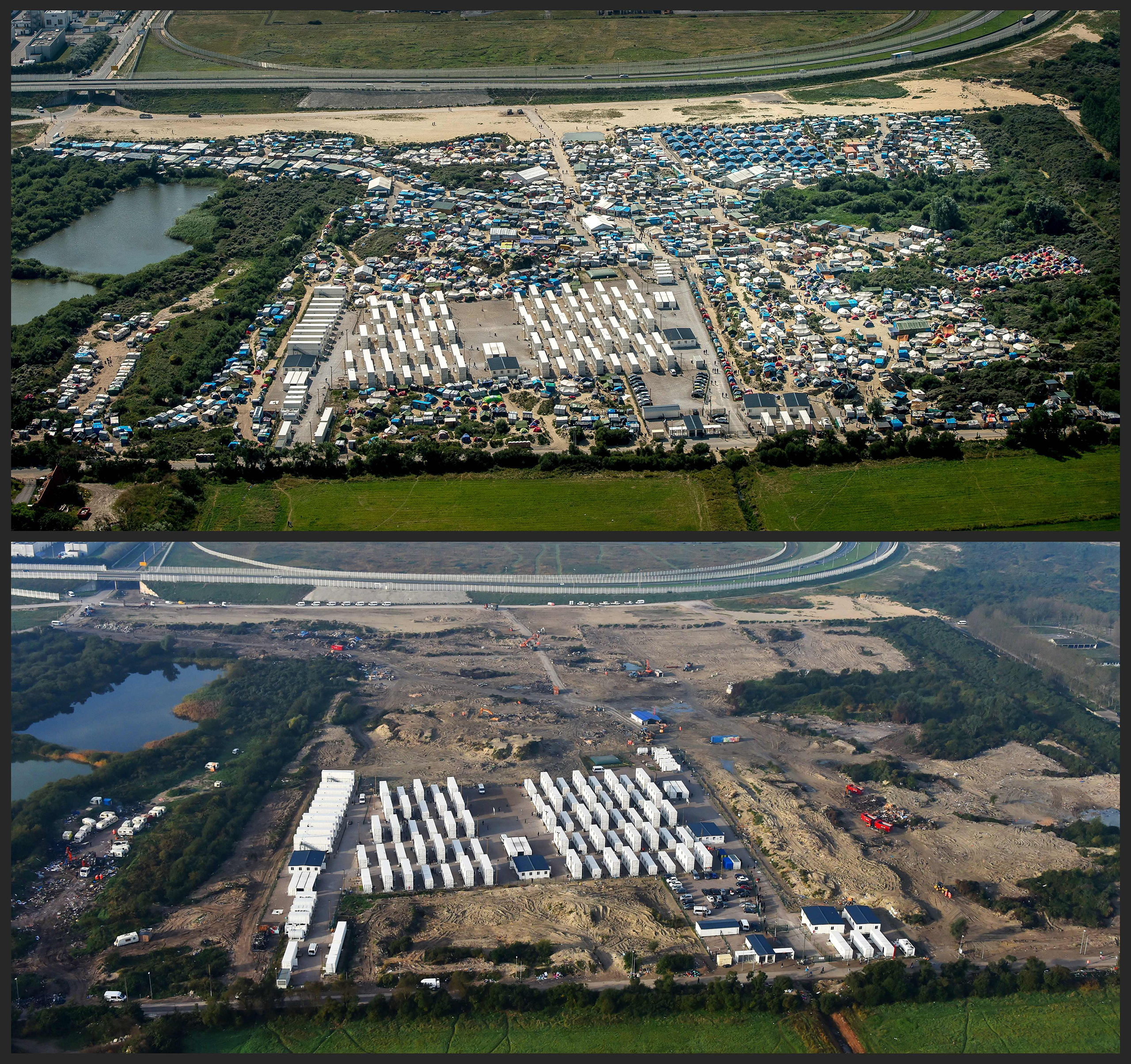 A combination shows two aerial views of the "Jungle" camp in Calais, northern France, on Aug. 16, 2016 and Nov. 1, 2016. The bottom picture shows the aftermath of forced evictions of thousands of migrants and demolition of the shacks in which they slept. (Philippe Huguen—AFP/Getty Images)