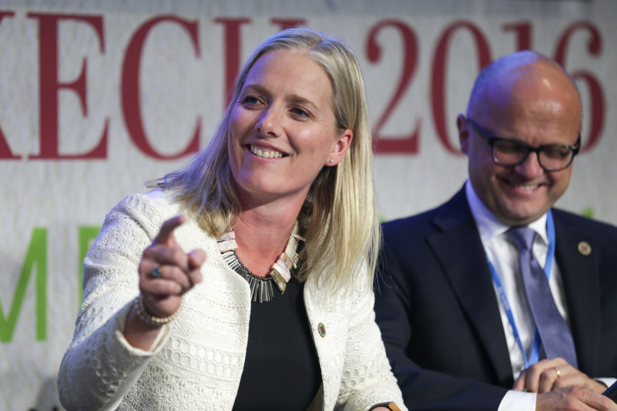 Catherine McKenna, Minister of Environment and Climate Change of Canada, reacts during the launch of the 2050 Pathways Platform, at the COP22 climate change conference, in Marrakech, Morocco, Thursday, Nov. 17, 2016. (AP Photo/Mosa'ab Elshamy)