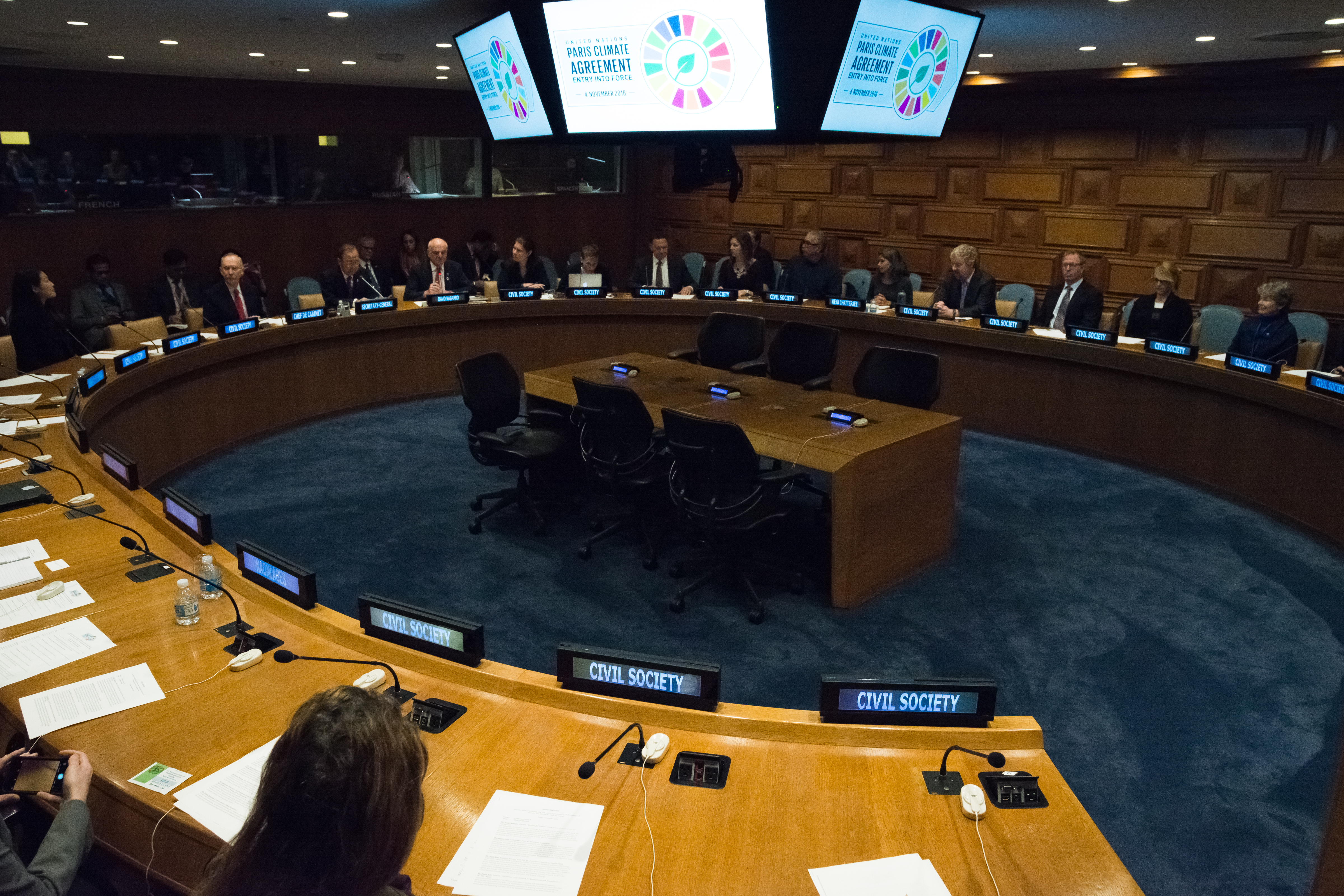 To mark the occasion of the Paris Climate Agreement's entry into force (November 4), United Nations Secretary-General Ban Ki-moon attended a meeting of civic society leaders in Conference Room 8 at UN Headquarters in New York City.