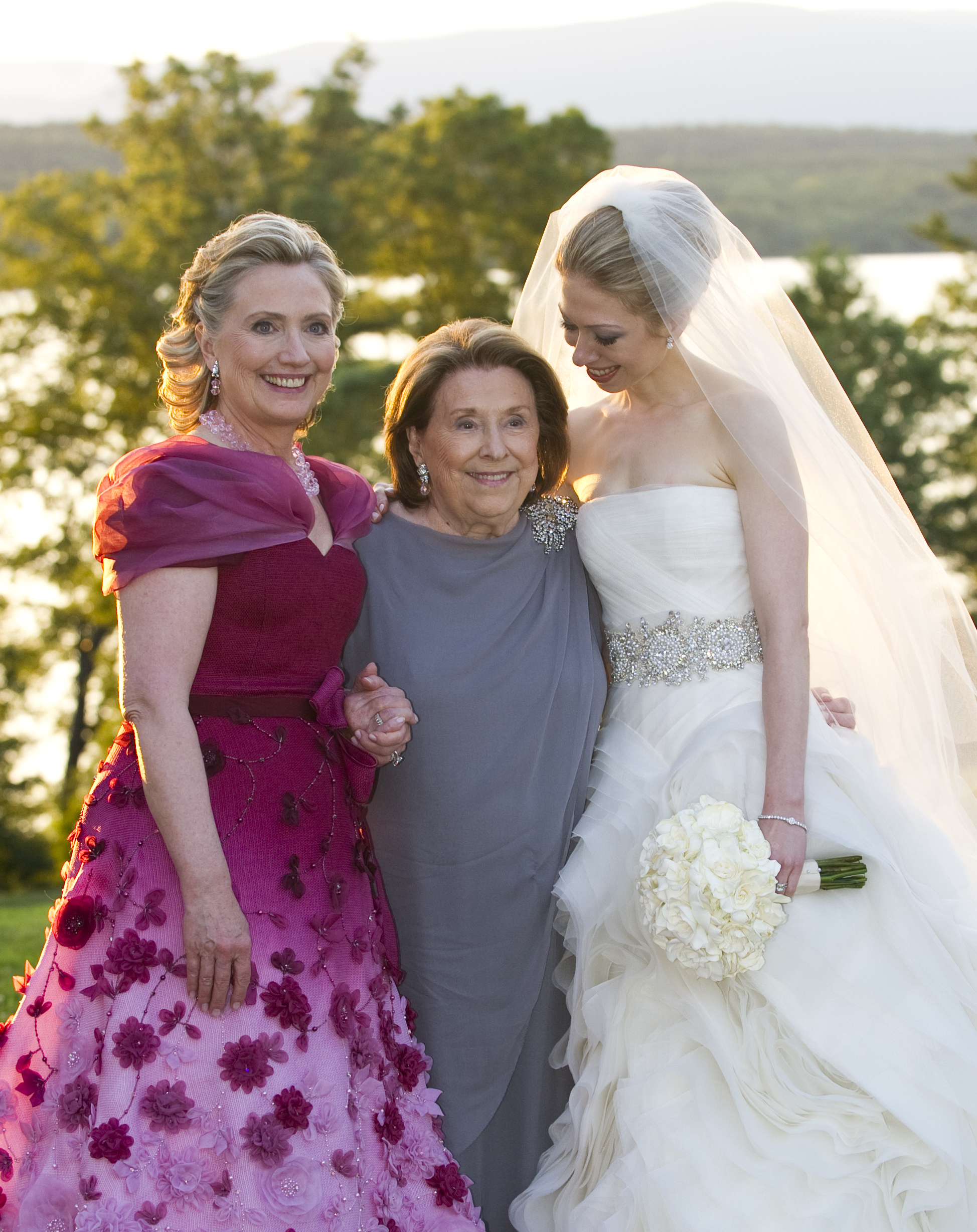 In this handout image provided by Barbara Kinney, (L-R) U.S. Secretary of State Hillary Clinton, her mother Dorothy Rodham and Chelsea Clinton pose during the wedding of Chelsea Clinton and Marc Mezvinsky at the Astor Courts Estate in Rhinebeck, N.Y., on July 31, 2010. (Handout—FilmMagic)