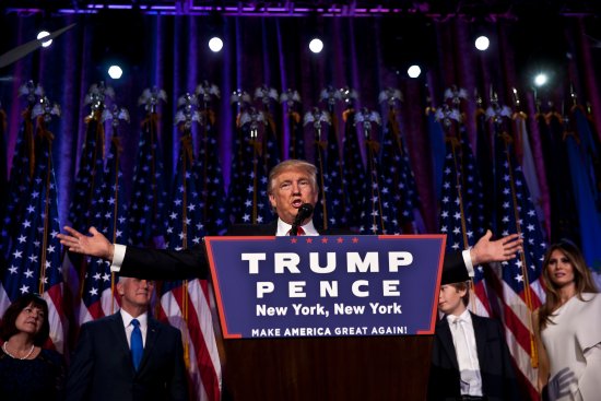 President-elect Donald Trump addresses his Victory Night party on Tuesday, Nov. 8, 2016 in New York's Manhattan borough. Trump defeated Democratic nominee Hillary Clinton in the contest for president of the United States.