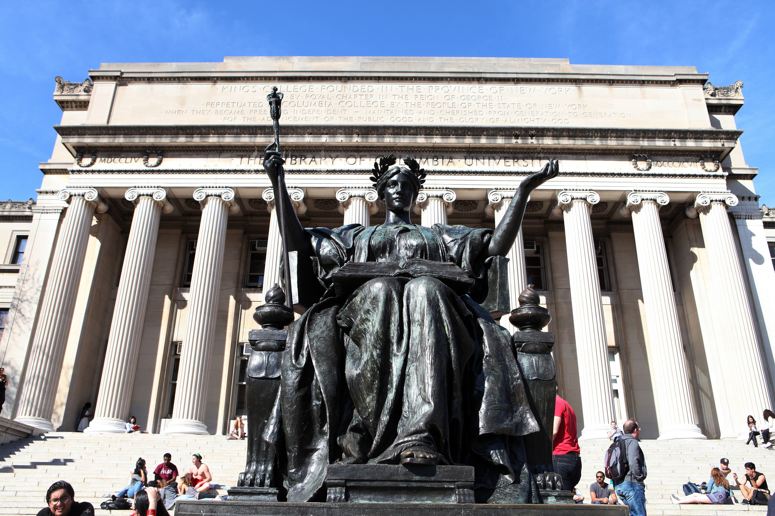A sculpture of the Goddess Athena sits outside the Library Of Columbia University at Columbia University in New York on April 16, 2016. (Raymond Boyd—Getty Images)