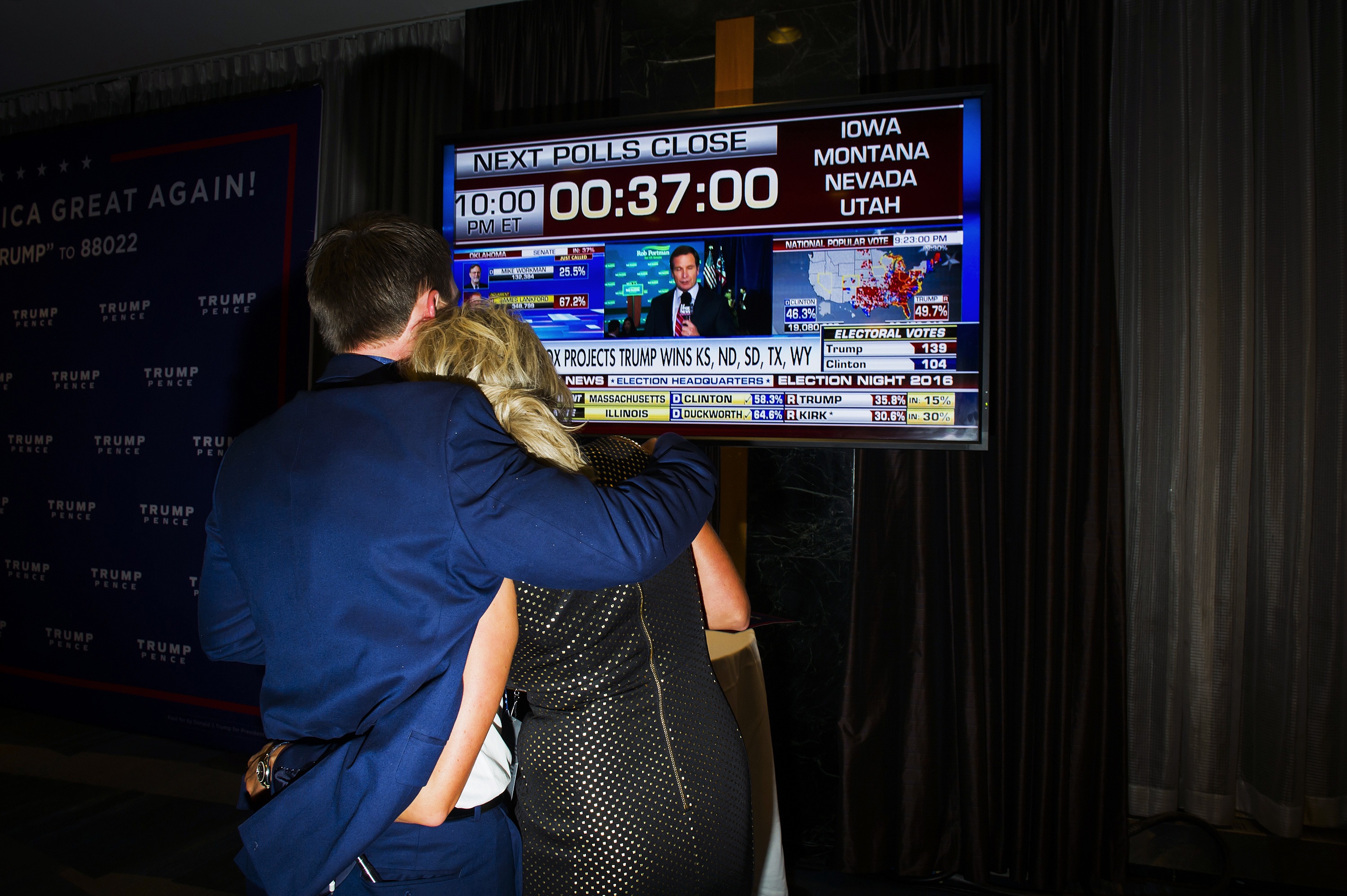 Scenes at an election night party for Republican presidential candidate Donald Trump, Tuesday, Nov. 8, 2016 in New York's Manhattan borough. Trump faces Democratic nominee Hillary Clinton in the contest for president of the United States.