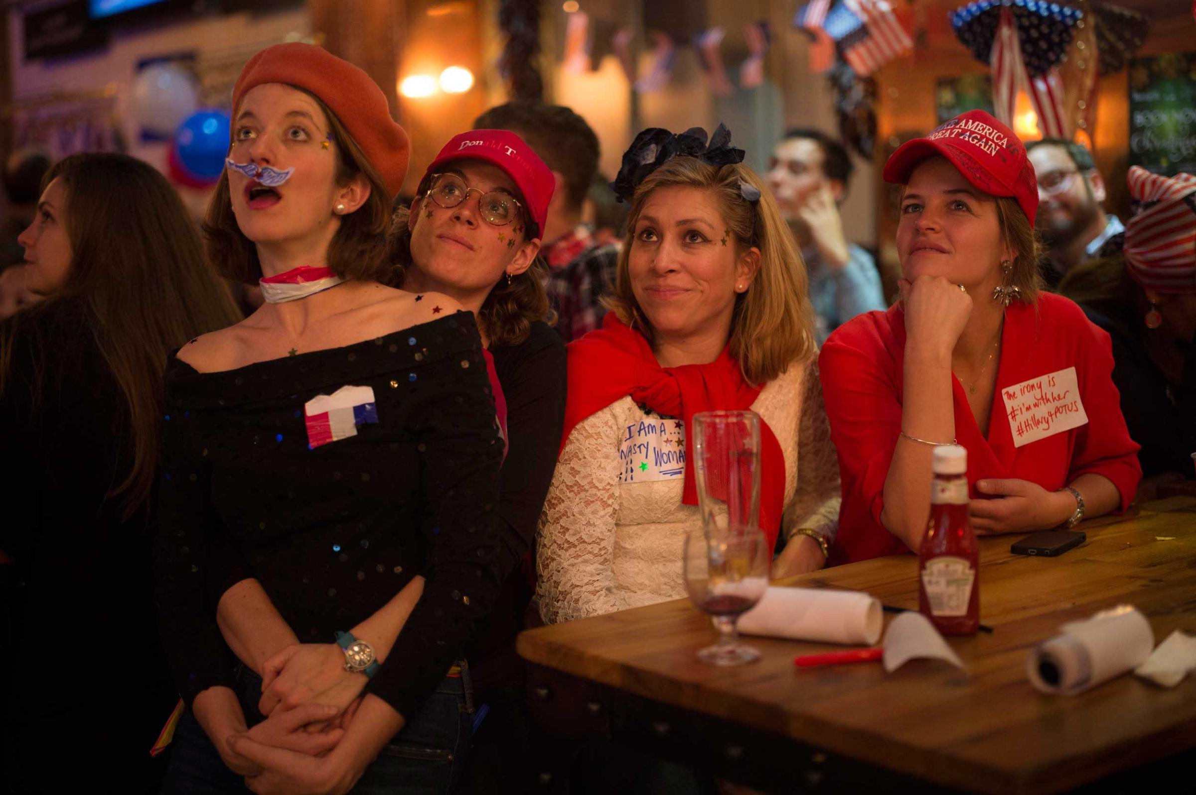GB. England. London. 2016. Democrats abroard, the official Democratic Party arm for Americans living outside the US, at the Marylebone Sports Bar and Grill watch the US election unfold.