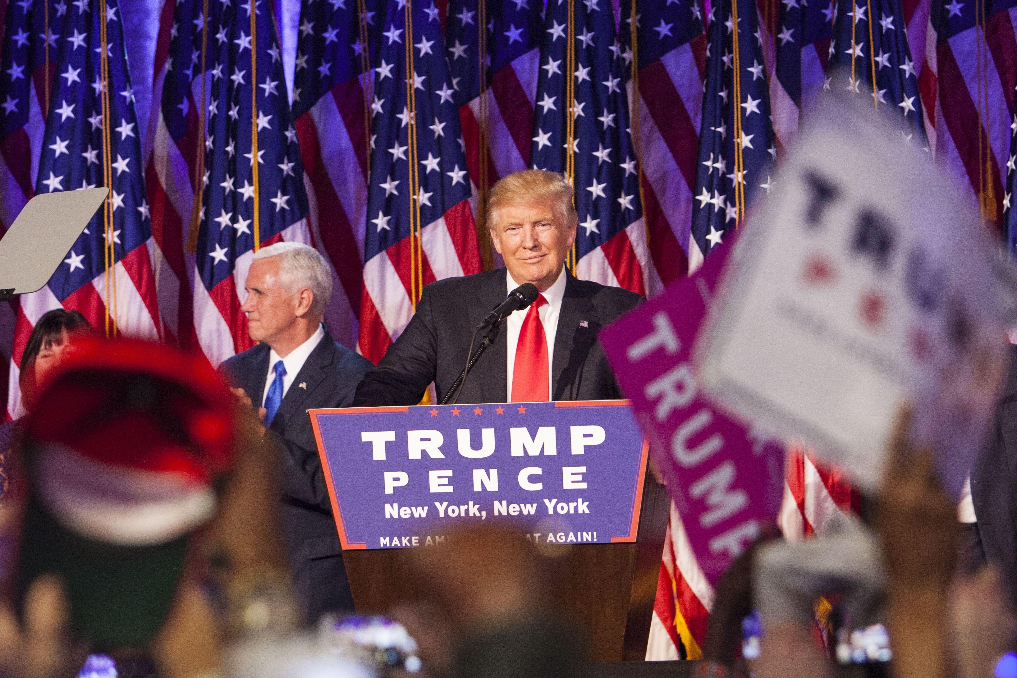 President-elect Donald Trump addresses his Victory Night party on Tuesday, Nov. 8, 2016 in New York's Manhattan borough. Trump defeated Democratic nominee Hillary Clinton in the contest for president of the United States. (Chelsea Matiash for TIME)
