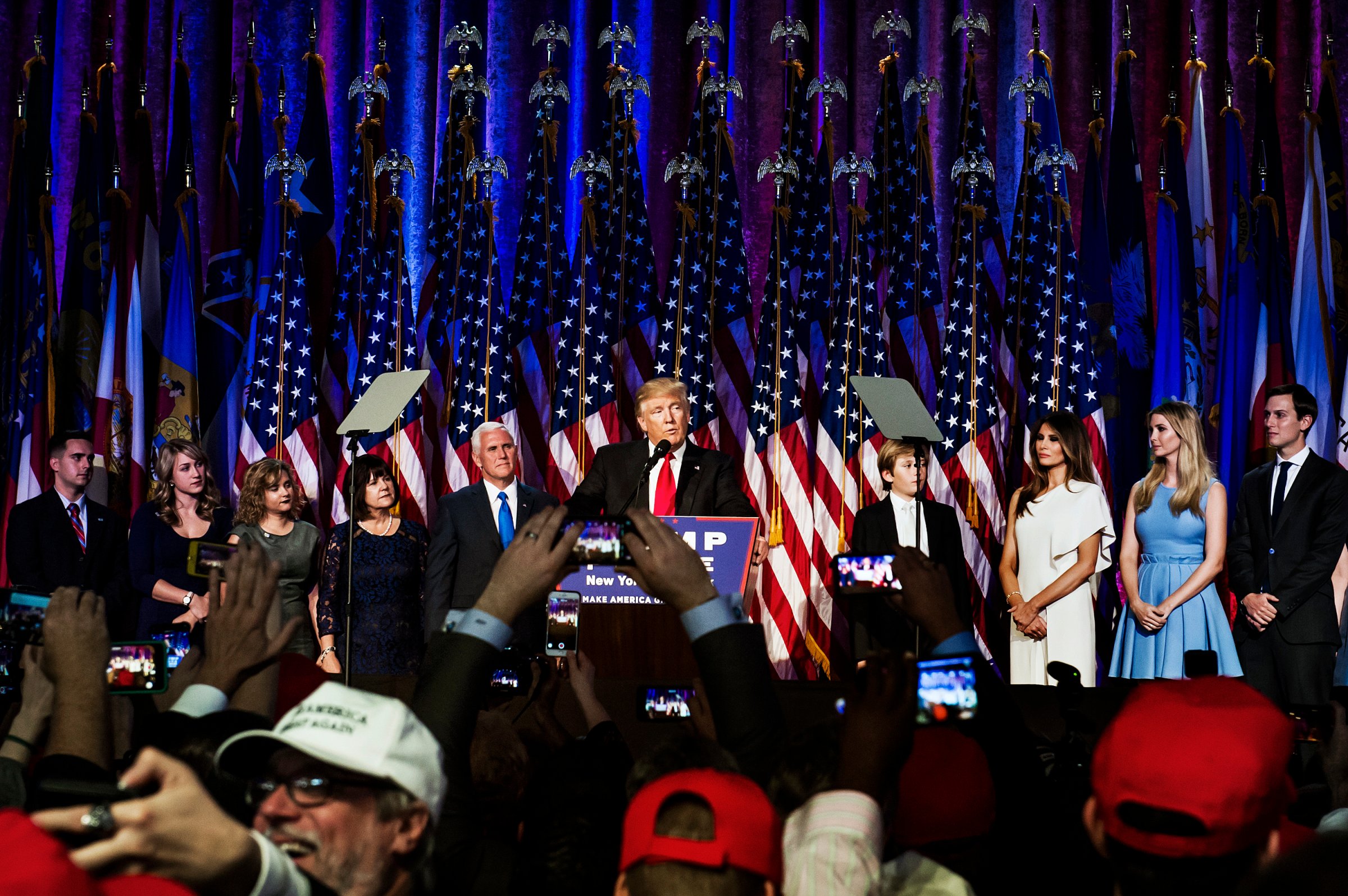 President-elect Donald Trump addresses his Victory Night party on Tuesday, Nov. 8, 2016 in New York's Manhattan borough. Trump defeated Democratic nominee Hillary Clinton in the contest for president of the United States.President-elect Donald Trump addresses his Victory Night party on Tuesday, Nov. 8, 2016 in New York's Manhattan borough. Trump defeated Democratic nominee Hillary Clinton in the contest for president of the United States.