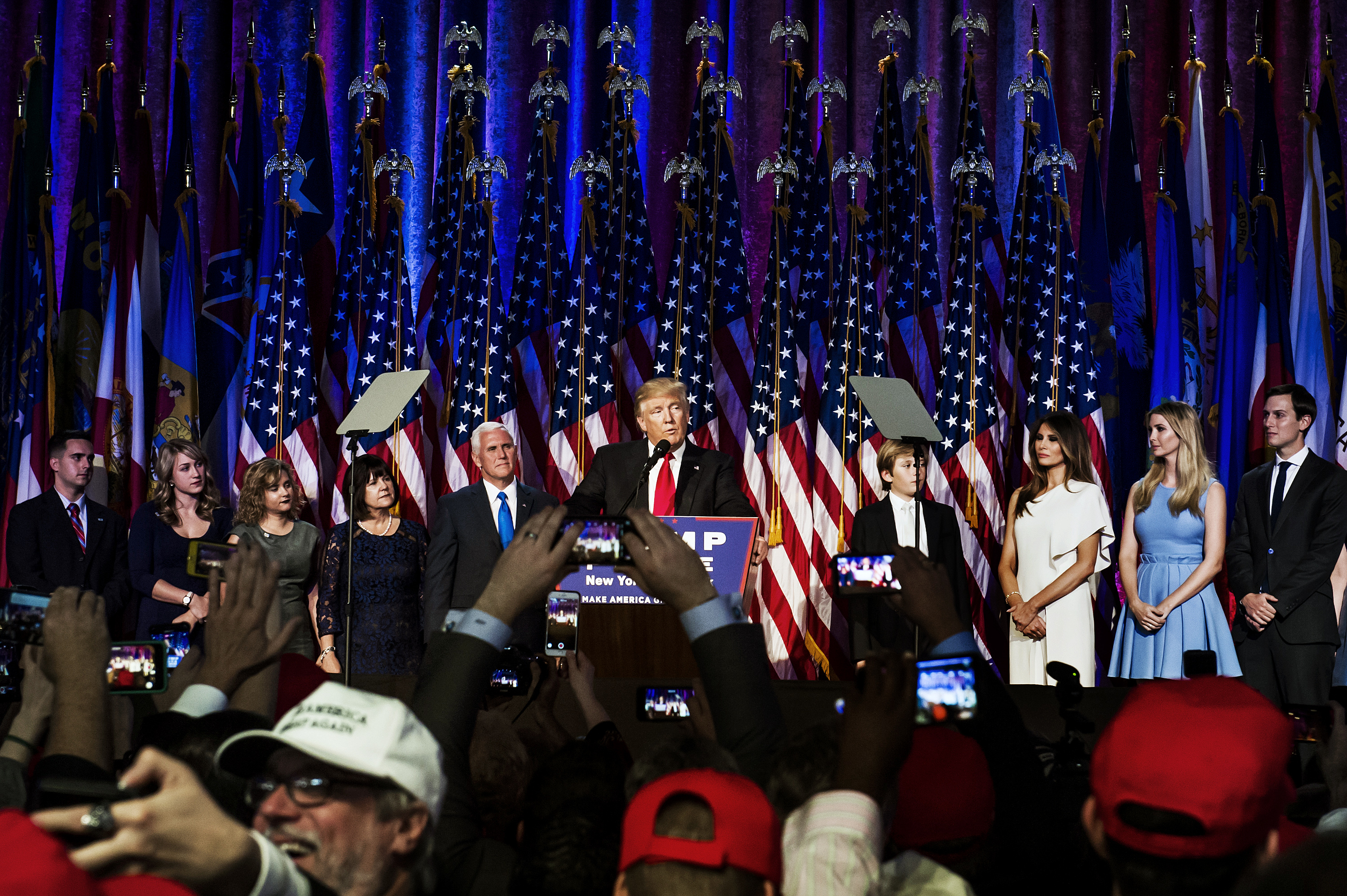 President-elect Donald Trump addresses his Victory Night party on Tuesday, Nov. 8, 2016 in New York's Manhattan borough. Trump defeated Democratic nominee Hillary Clinton in the contest for president of the United States.President-elect Donald Trump addresses his Victory Night party on Tuesday, Nov. 8, 2016 in New York's Manhattan borough. Trump defeated Democratic nominee Hillary Clinton in the contest for president of the United States. (Dina Litovsky for TIME)