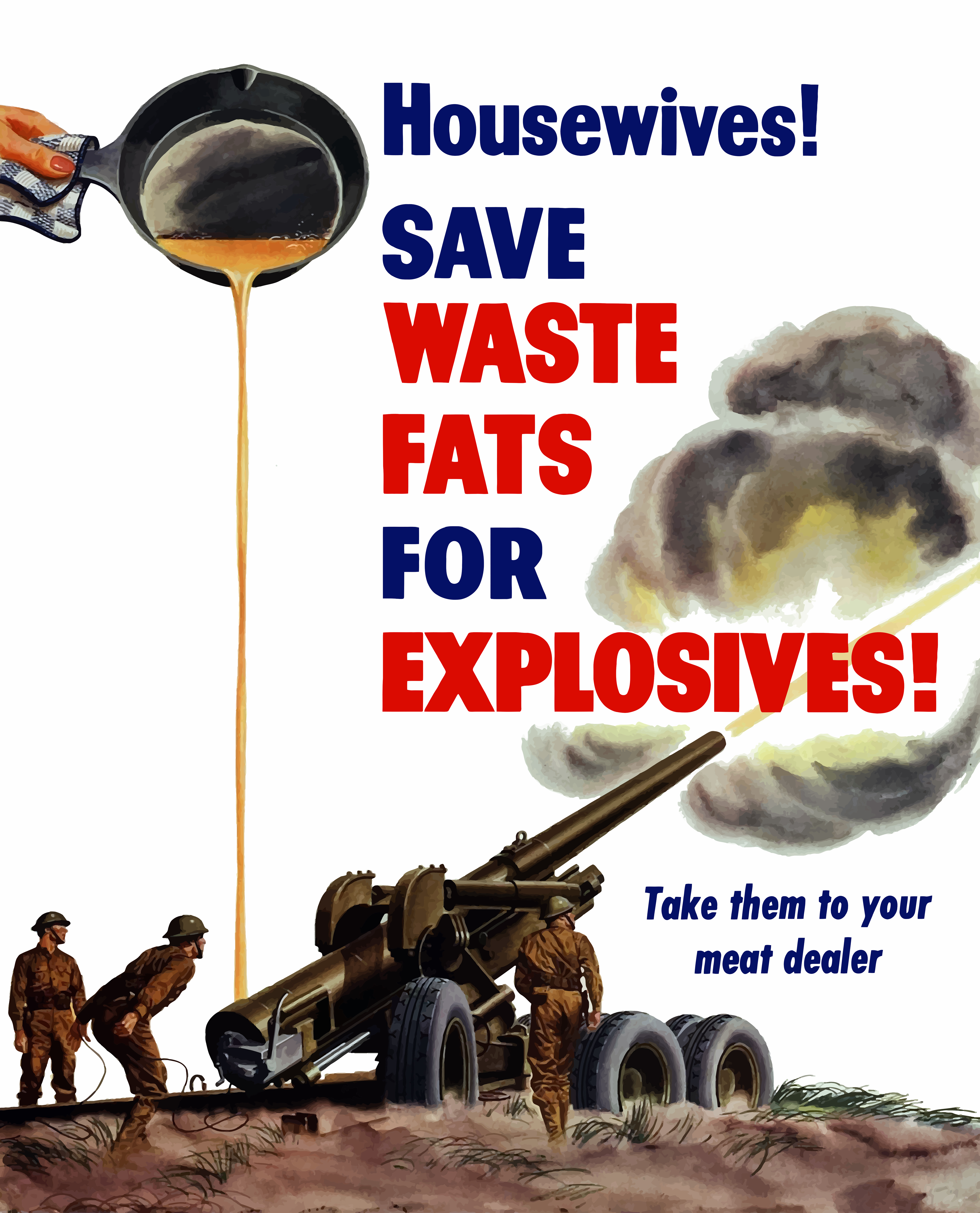 Vintage World War II poster of grease from a frying pan being poured into a firing artillery gun. It reads, Housewives! Save waste fats for explosives! Take them your meat dealer.