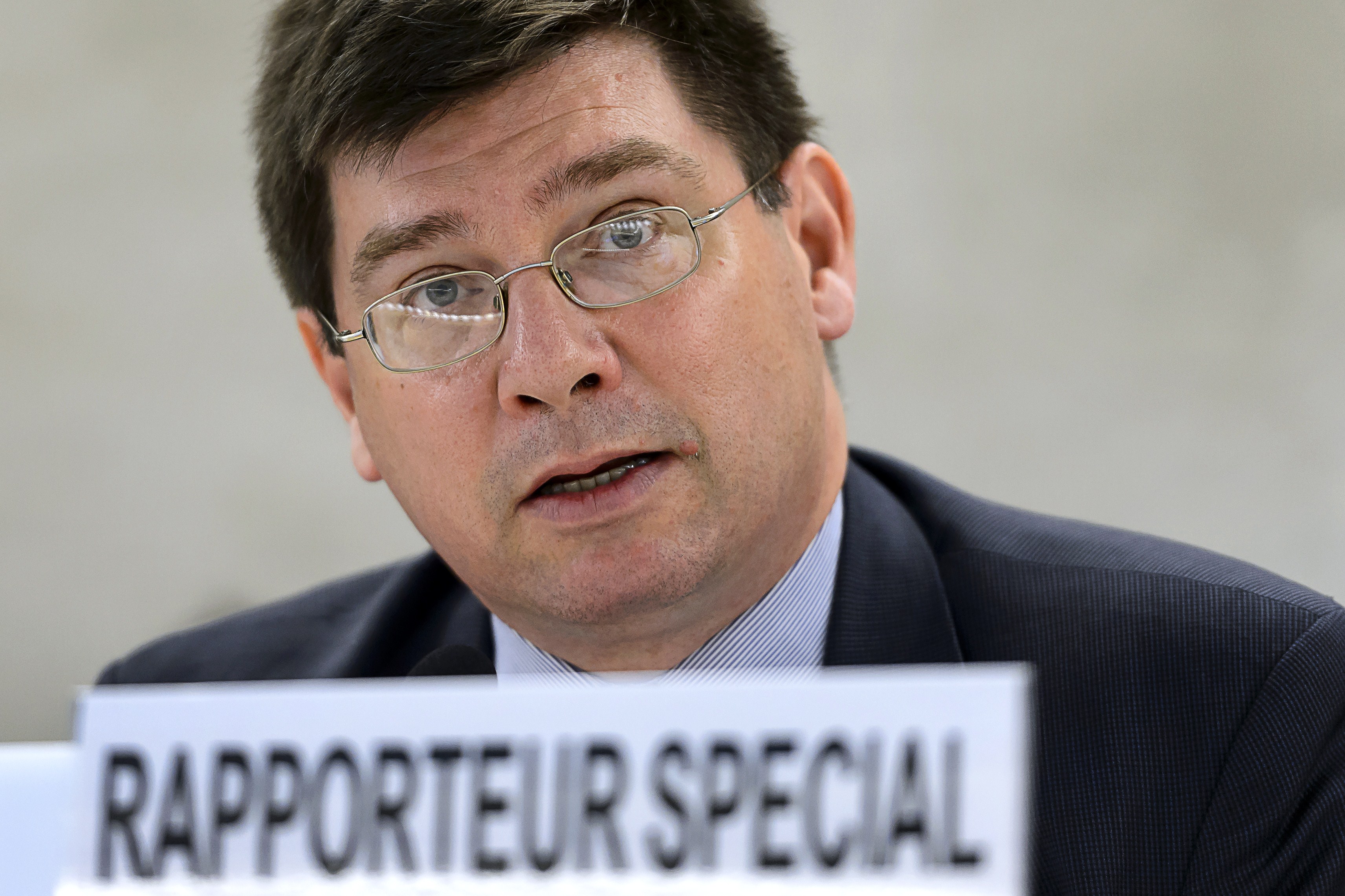 U.N. Special Rapporteur on human rights of migrants Fran&ccedil;ois Cr&eacute;peau delivers his speech during a session of the U.N. Human Rights Council on June 15, 2015, in Geneva (Fabrice Coffrini&mdash;AFP/Getty Images)