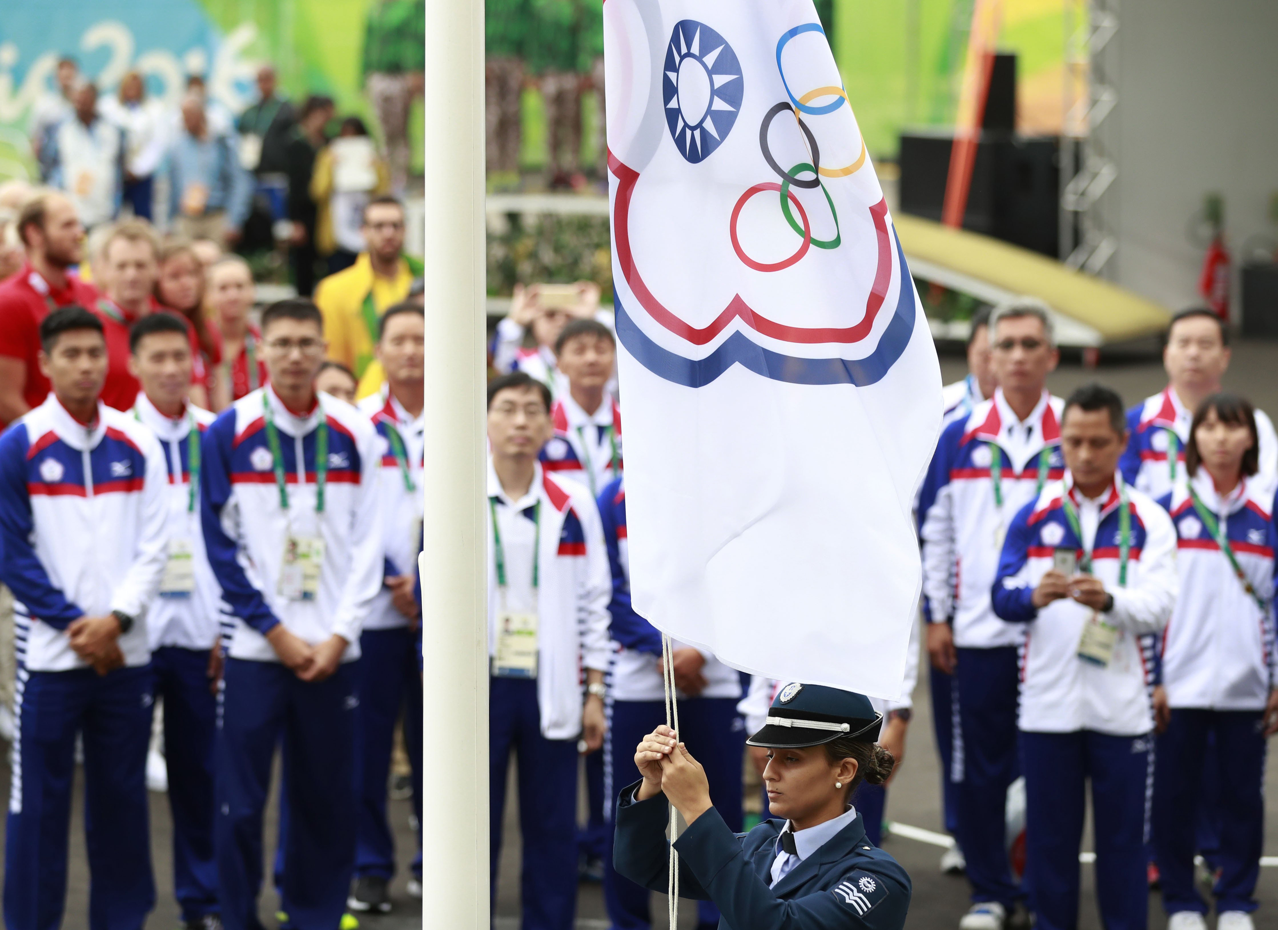 The Taiwanese delegation to the Rio 2016 Olympic Games, competing as Chinese Taipei,  attends the flag-raising ceremony at the Olympic Village in Rio de Janeiro on Aug. 3, 2016 (Xinhua News Agency/Getty Images)